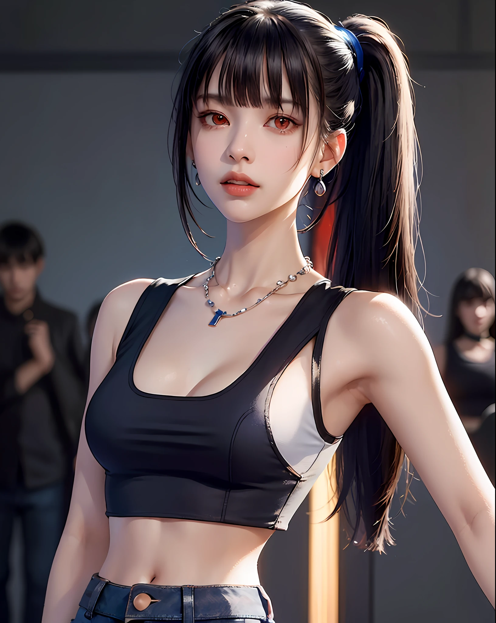 (Masterpiece, Best Quality, 1 Girl, Solo, Intricate Details, Chromatic Aberration), (Reality), (Skin), 1 Girl Shizuku High Ponytail, ((Middle Breath)), (Brunet, Blunt Bangs), Detailed Hair, Red Headjewelry, Blue Highlight, Hair More Than One Eye, Red Eye, Small Earrings, Sharp Eyes, Necklace, ((Black Crop Top Cutout)), Jeans, (Symmetrical Eyes), (Perfectly Symmetrical Body), Night, ((Natural Light))), Backlight, against gray walls, dim light, standing, (looking at the audience), ((centering the shot, from the front, (face and waist) pronounced chest line deep V