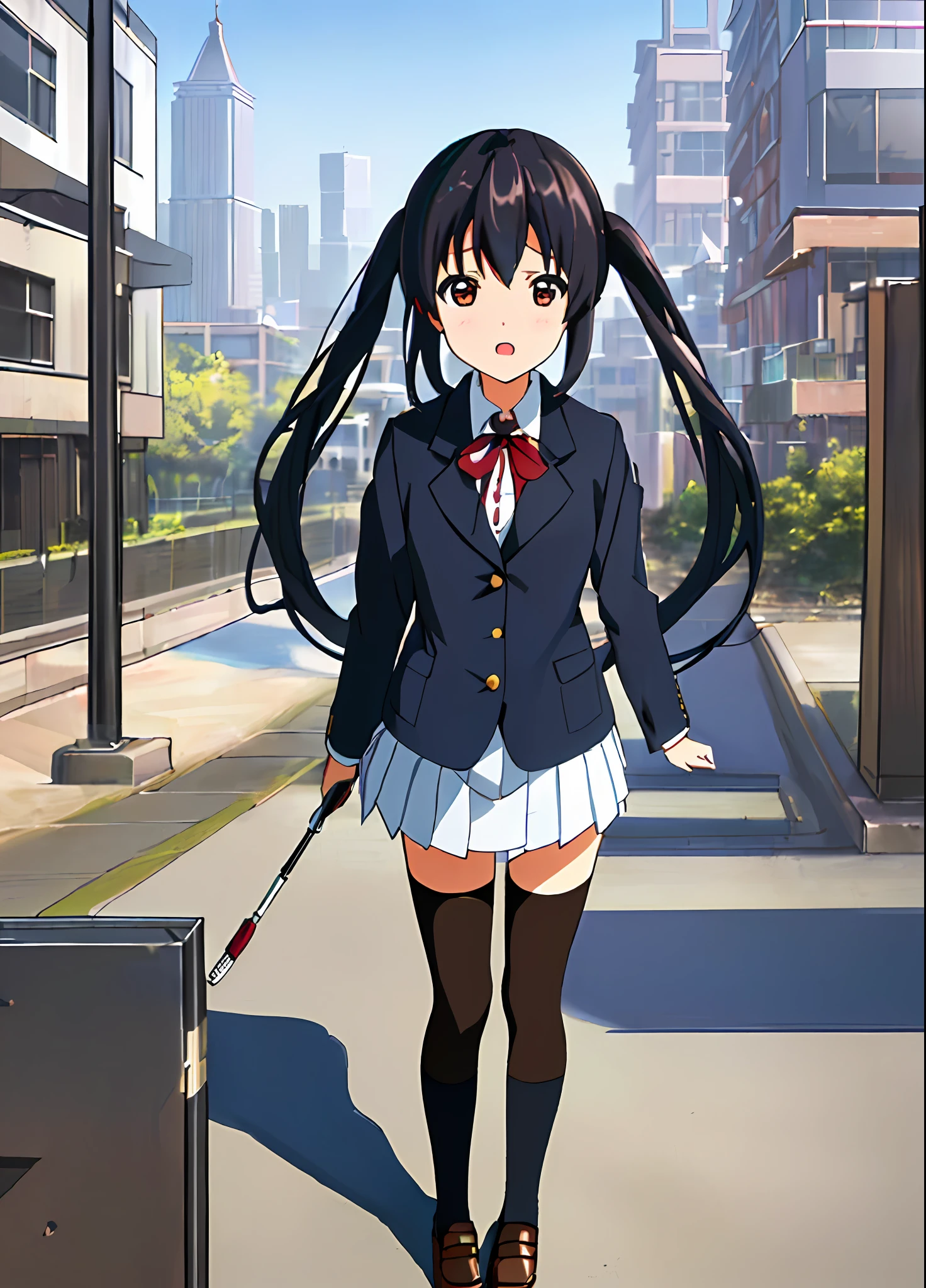 1girl, ((((Masterpiece))), Best Quality, Best Quality, High Detail, Azusa Nakano, 1girl, Sakuragaoka High School Uniform, Musical Instrument, School Uniform, Twin Tails, Long Hair, Black Hair, Brown Eyes, Solo, Red, Dark blue blazer with a thin ribbon of red, Solid white button shirt under blazer, Illustration, Cartoon, Soothing tones, Muted colors, Soft cinematic light, Adobe Lightroom, Photo Lab, HDR, complex and highly detailed, (((depth of field))))). (((Masterpiece))). (((highest quality))).) ((super detail))). (((Illustration))). (((Outside))). (((fighting stance))).,((((Giantization))).dynamic focus.small breasts. (((skyscrapers))). (((Cityscape))). (((Face of sadness))). open mouth.