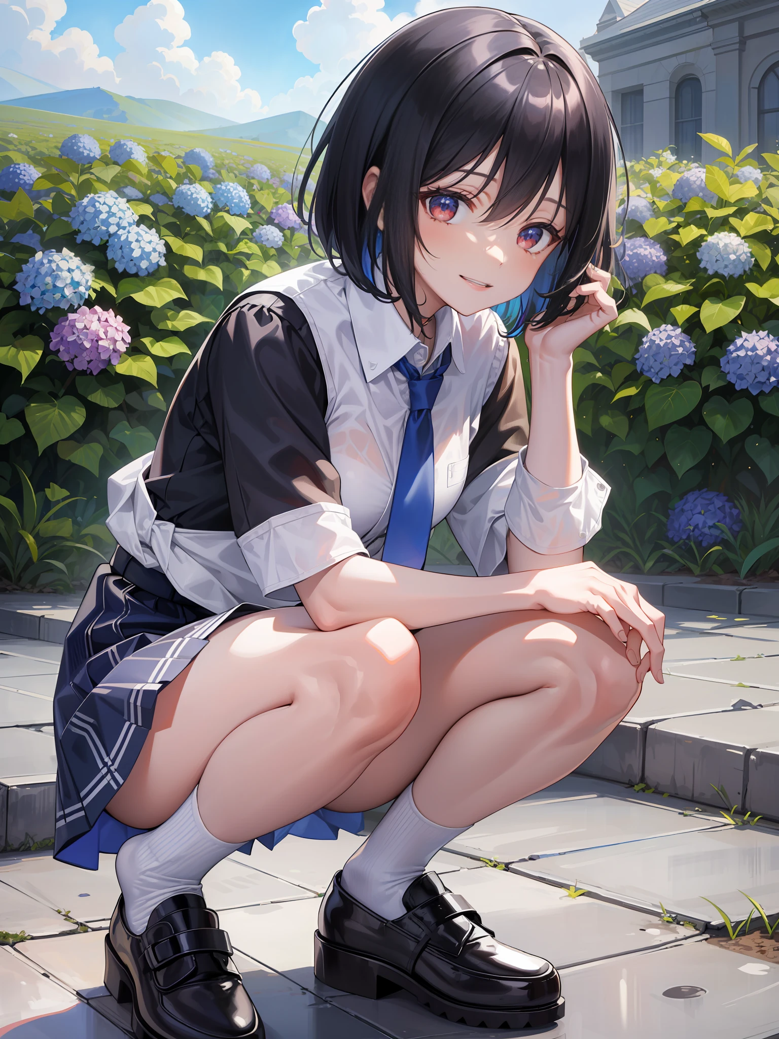 ((masterpiece, super detailed, fine detail, top quality, illustration)), blue sky, 20-year-old woman, beautiful woman, beautiful wet black hair, bob cut, beautiful red eyes, close-up, wet white shirt, tie, checked miniskirt, black socks, black shoes, a lot of hydrangea, rainbow visible, whole body, smile, looking up at the sky, squatting, white underwear,