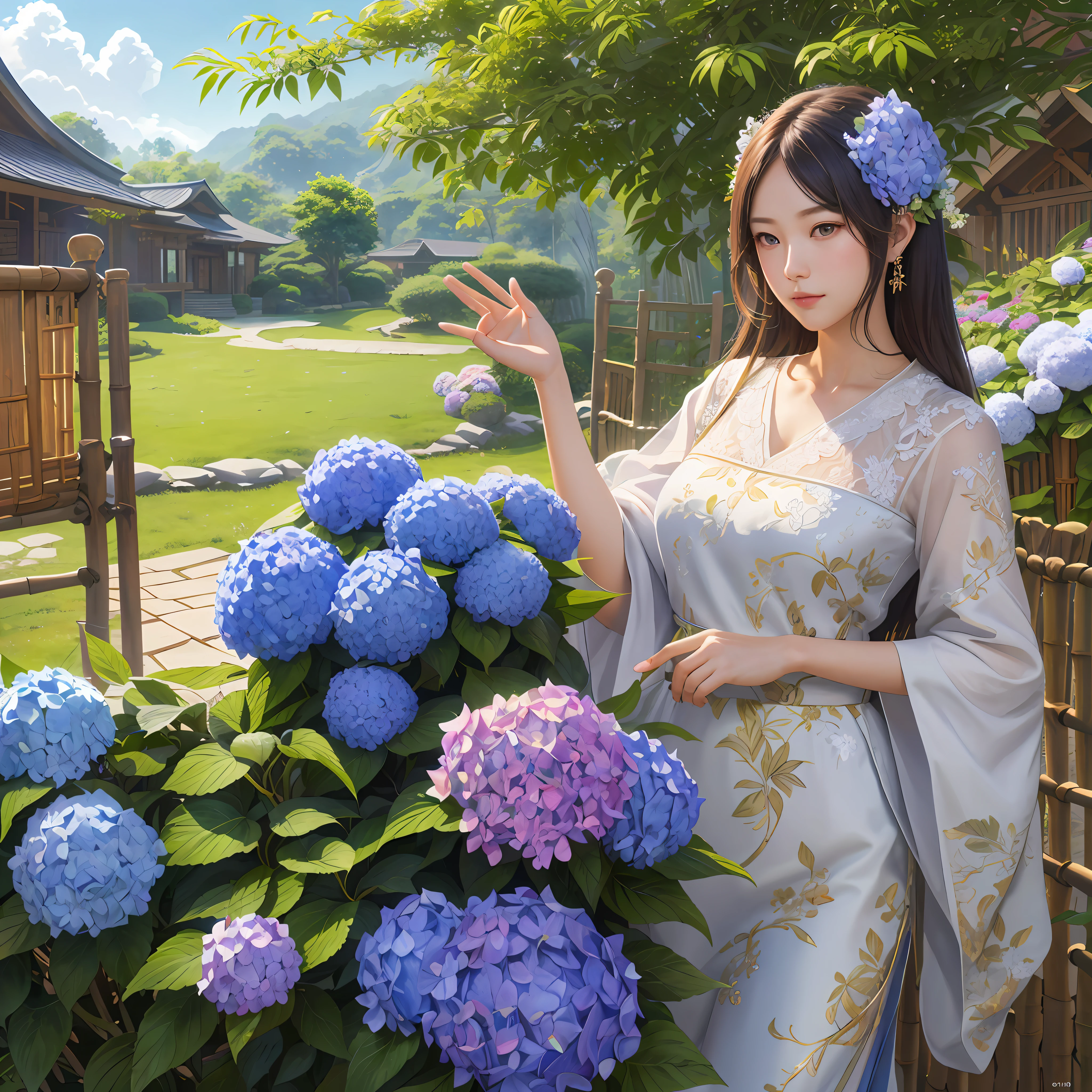 Hydrangeas, bamboo fence, (illustration: 1.0), epic composition, natural lighting, HD details, masterpiece, best quality, (very detailed CG unified 8k wallpaper)
