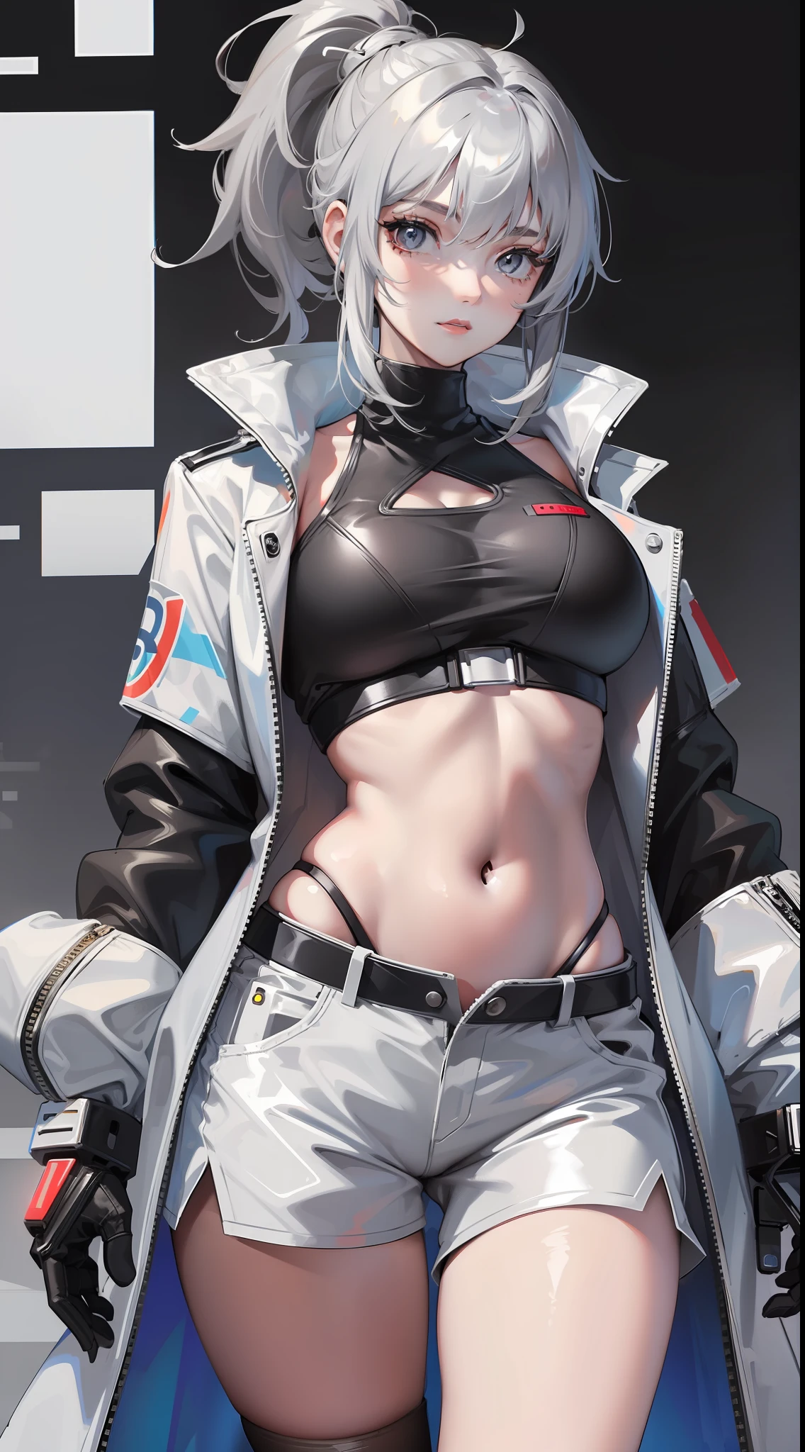 Young girl, short gray hair, gray eyes, high ponytail, cyberpunk, white top, open belly, shorts, furcoat, masterpiece, high quality, SilverWolf