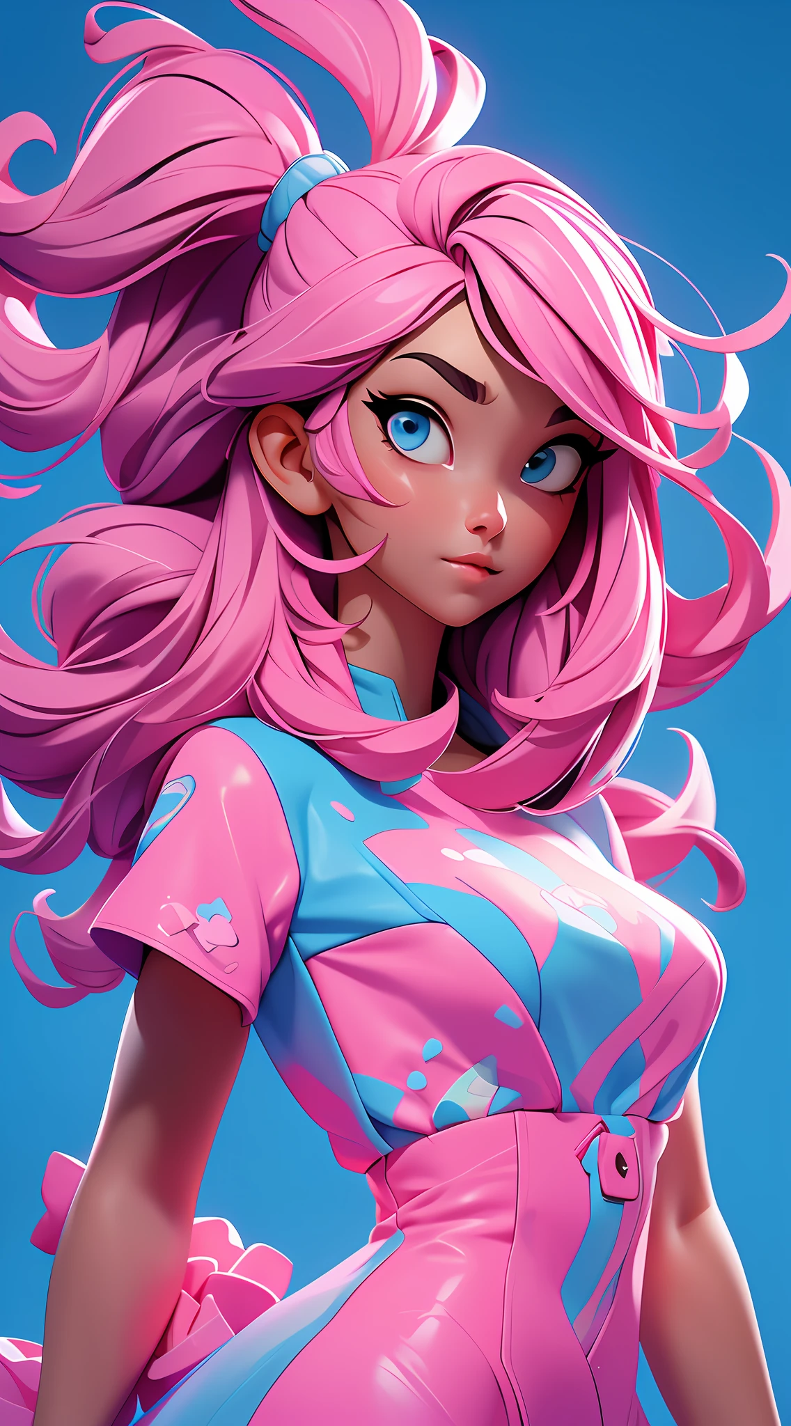 (Best Quality, Masterpiece), 1girl, Pose, Wind, Upper Body, Blue and Pink Color Scheme, Simple Background, Look at the Viewer