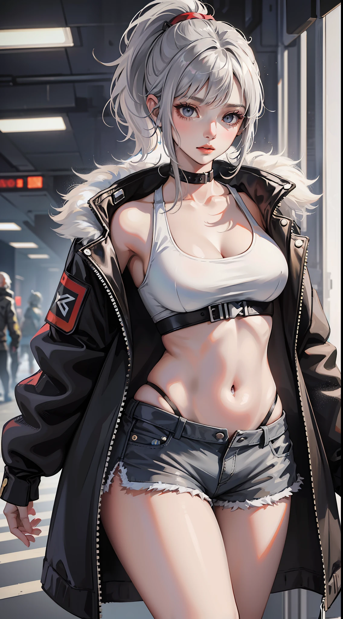 Young girl, short gray hair, gray eyes, high ponytail, cyberpunk, white top, open belly, shorts, furcoat, masterpiece, high quality, SilverWolf