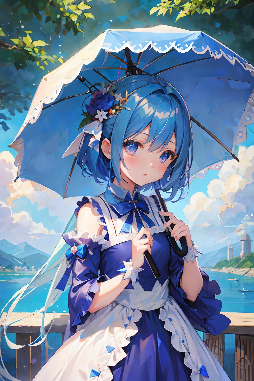 anime girl in a blue and white dress with a blue umbrella, loli in dress, cute anime waifu in a nice dress, anime style 4 k, small curvy loli, 8k high quality detailed art, guweiz on pixiv artstation, anime art wallpaper 8 k, anime! 4 k, anime! 4k, anime moe artstyle