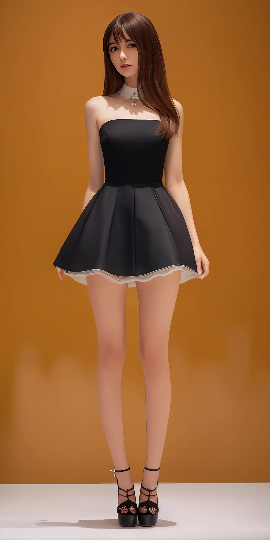 1girl,solo,full body,see shoes,longhair,swept bangs,long leg,thin legs,black mini skirt,white heels,(finely detail,an extremely delicate and beautiful,ultra-detailed,highly detailed,extremely detailed eyes and face),background modern street,(8k,best quality,masterpiece,huge_filesize,RAW photo,photo-realistic),clavicalis,photography,incredibly absurdres