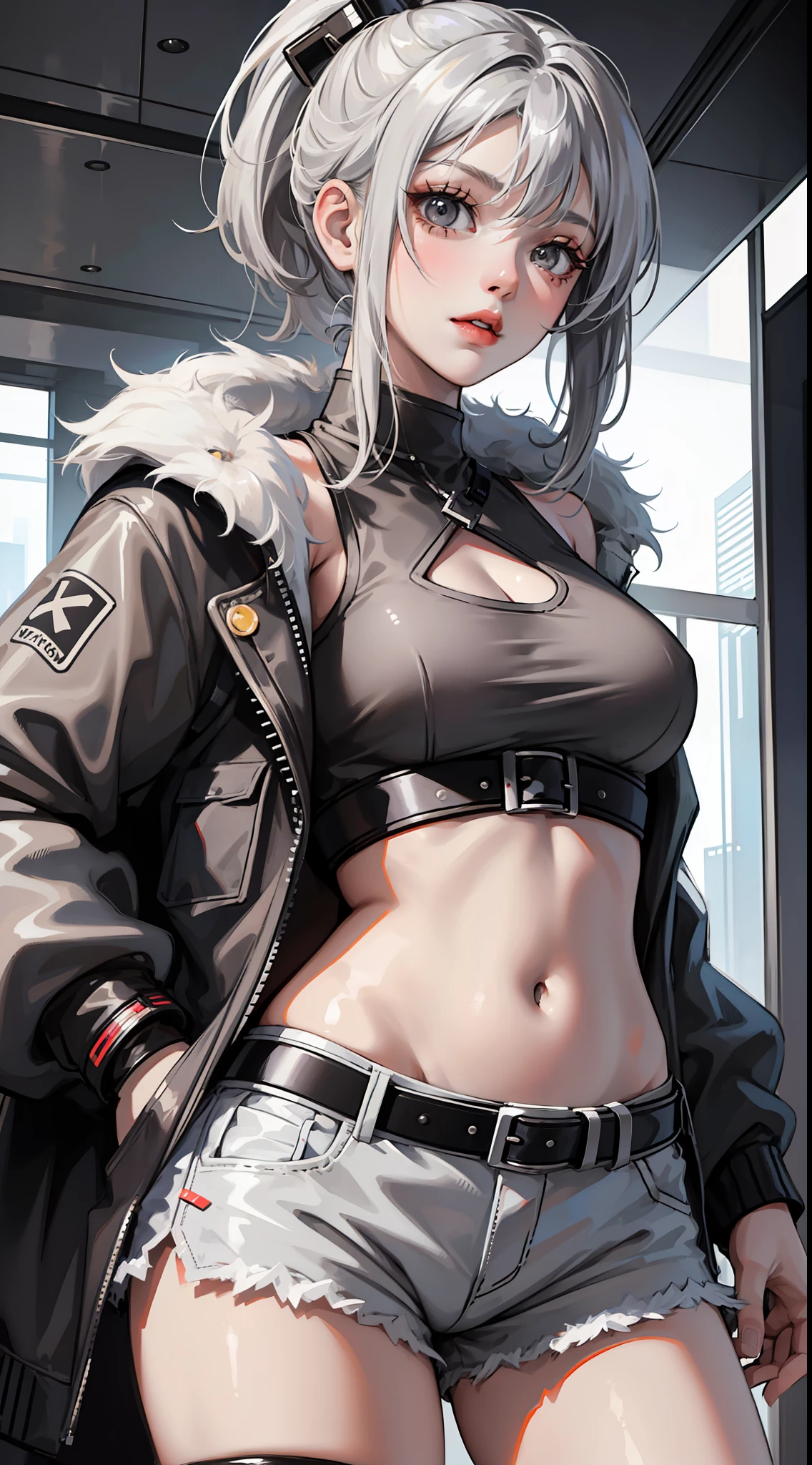 Young girl, short gray hair, gray eyes, high ponytail, cyberpunk, white top, open belly, shorts, furcoat, masterpiece, high quality, SilverWolf