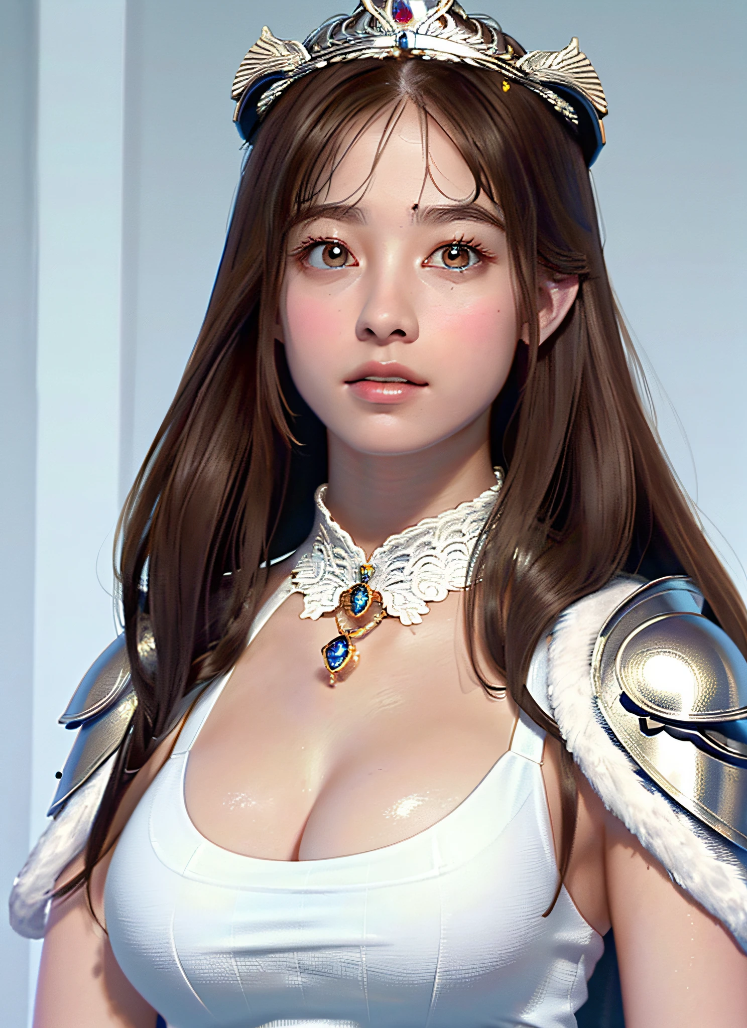 Ultra detailed complex 3d rendering of face, (big breasts: 6.8) huge breasts, long hair, watch viewer, , parted lips, (shiny skin),realistic sensual gravure idol, (cleavage), intricate details, super detailed complex 3d rendering of face with beautiful porcelain profile, (warrior queen armor, fur-lined cape, large crown decorated with jewels: 2.2), big, huge, (Micro Bikini) Sexy Swimsuit, (Ultrareal), (Magic Wand), (High Resolution), (8K), (Very Detailed), (Beautiful Detailed Eyes), (Best Quality), (Ultra Detailed), Intricate Detail Jewels (Detailed Women's Armor: 2.3), (Gorgeous Silver Armor: 1.3), 1 Girl, Solo, Long Hair, Wind, Gorgeous Face, Best Quality, Masterpiece, Maximum Detail, Diffused Lighting, (Brown Hair: 1.3), Valhalla Valkyrie, mechanical arm, beauty, facial muscles