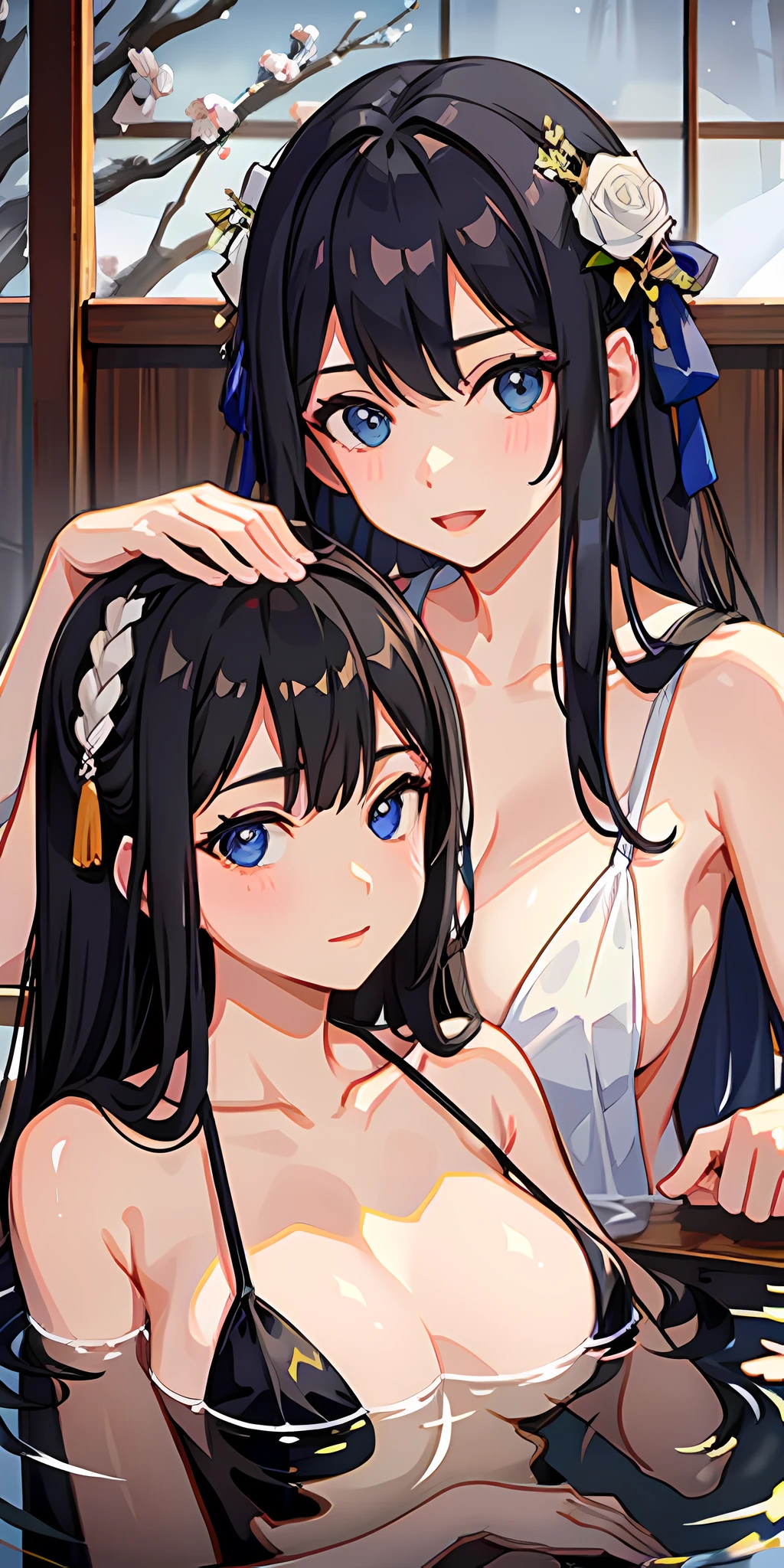 2girls, grab breasts, flowers on head, sexy, highest quality, onsen, medium breasts, beautiful