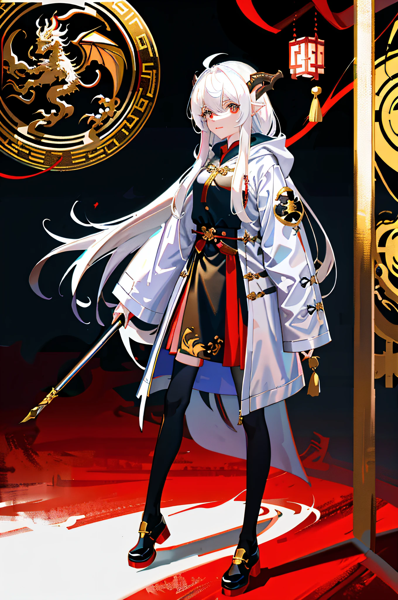 Maiden, white hair, dragon girl, hooded sweatshirt, coat, Chinese dragon horns, golden pupils, long hair, looking at the sky, clear image, 8k resolution, very detailed, digital painting, full body portrait, canvas shoes, dragon, holding a spear.