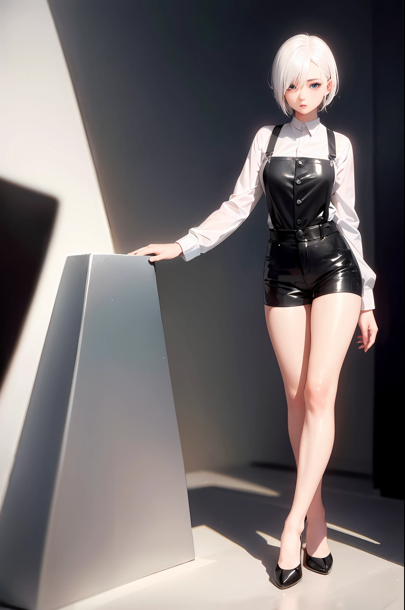 Masterpiece, Excellent, 1 Female, Full Body, White Hair, Bright Eyes, Black Hair, Micro Milk, Suspenders, Slender Legs,