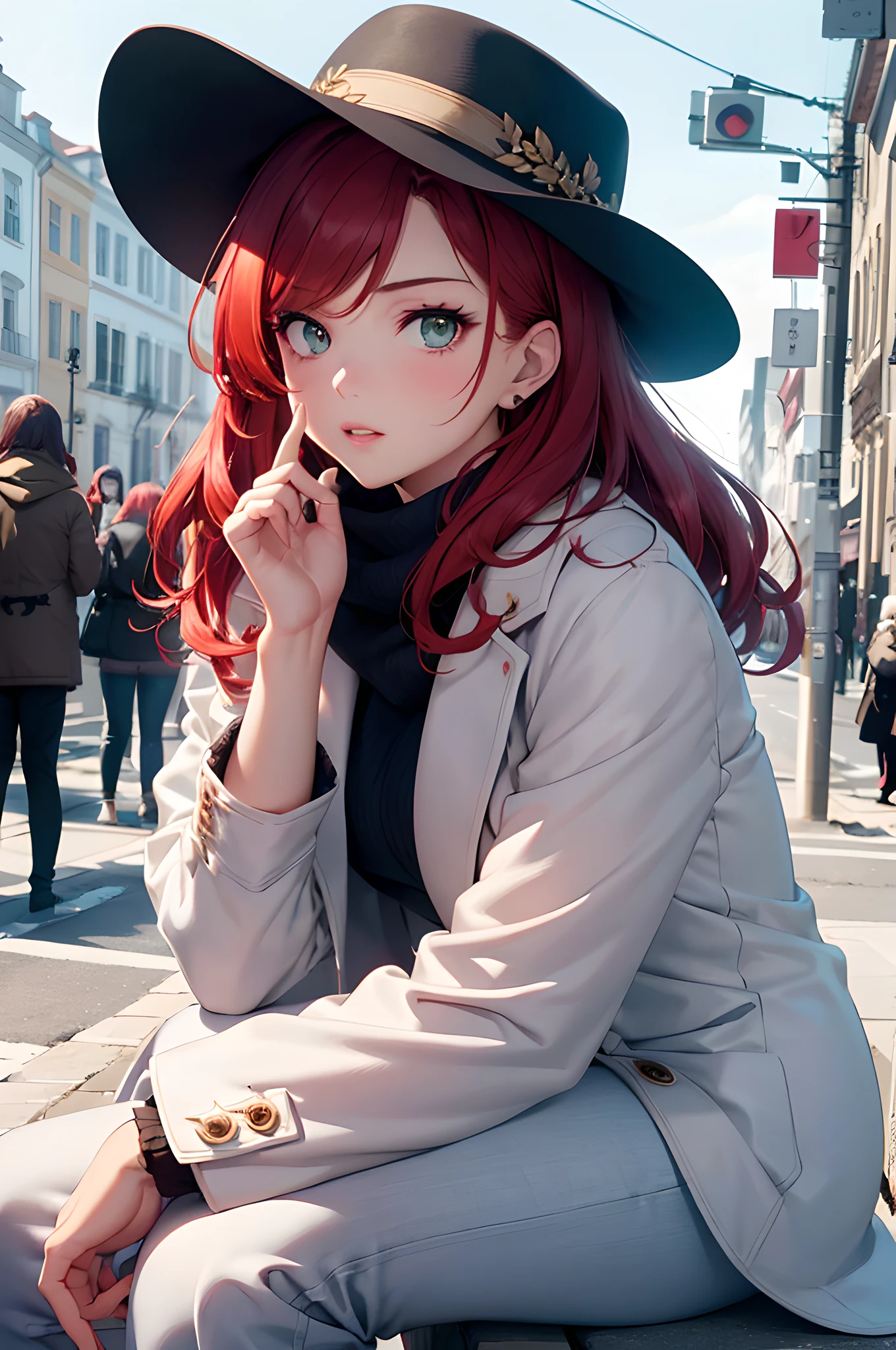(masterpiece), (portrait), (aesthetic), (beautiful), (upper blody), (high quality), (aesthetic clothings), (professional angle), (rule of thirds), (Feminine), (woman), (female), (beautiful),(feminine features), (25 years), solo, 1 woman, (attractive Russian), Winter, Cold light, (Sitting), Bold Makeup, (Medium bust), (()), (Side face), (Serious expression), ((Elegant Mood)), Hat, ((Medium hair)), (Red hair), (Wavy hair), (Thick hair), Natural shine hair, (- in hair), (Green eyes), (Sophisticated look), (Fair skin), (Faux Fur clothing), (Coat), (Scarf), (Trousers), Turtleneck neckline), ((Urban background)), (- in background), (Medium Shot shot), beautiful hands, two hands, normal hands, two arms, complete hands, beautiful body, beautiful fingers, normal fingers, five fingers, five fingers, (Thumb index meddle ring little fingers), beautiful ears, normal ears, beautiful eyes, shiny eyes, beautiful mouth, beautiful lips,