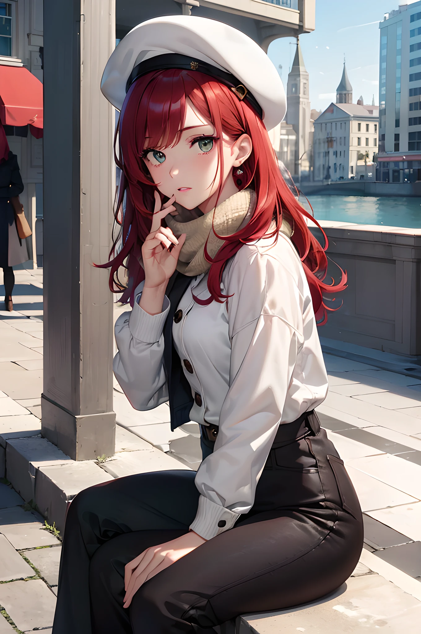 (masterpiece), (portrait), (aesthetic), (beautiful), (upper blody), (high quality), (aesthetic clothings), (professional angle), (rule of thirds), (Feminine), (woman), (female), (beautiful),(feminine features), (25 years), solo, 1 woman, (attractive Russian), Winter, Cold light, (Sitting), Bold Makeup, (Medium bust), (()), (Side face), (Serious expression), ((Elegant Mood)), Hat, ((Medium hair)), (Red hair), (Wavy hair), (Thick hair), Natural shine hair, (- in hair), (Green eyes), (Sophisticated look), (Fair skin), (Faux Fur clothing), (Coat), (Scarf), (Trousers), Turtleneck neckline), ((Urban background)), (- in background), (Medium Shot shot), beautiful hands, two hands, normal hands, two arms, complete hands, beautiful body, beautiful fingers, normal fingers, five fingers, five fingers, (Thumb index meddle ring little fingers), beautiful ears, normal ears, beautiful eyes, shiny eyes, beautiful mouth, beautiful lips,