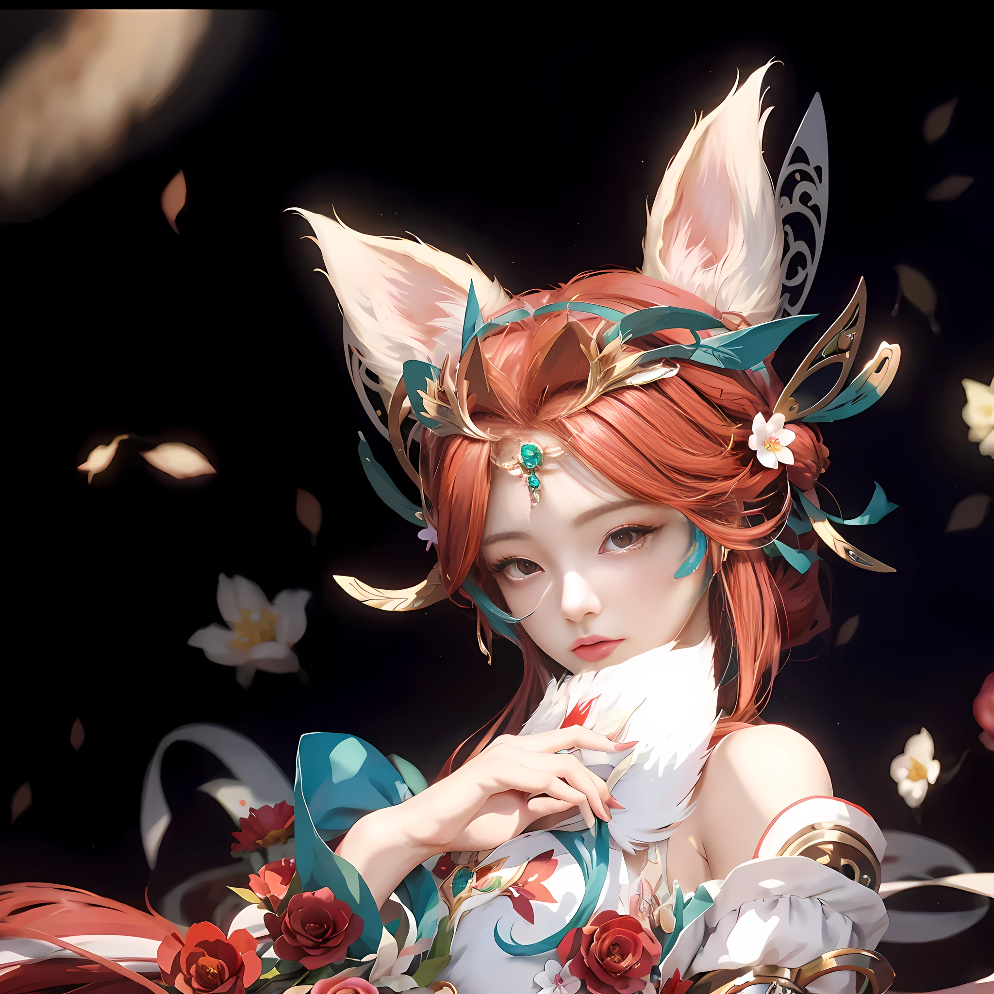 anime girl with red hair and white dress with flowers in her hair, a beautiful fox lady, ahri, extremely detailed artgerm, girl with fox ears, trending on cgstation, beautiful anime catgirl, ! dream artgerm, portrait of ahri, kawacy, very beautiful cute catgirl, artwork in the style of guweiz, guweiz