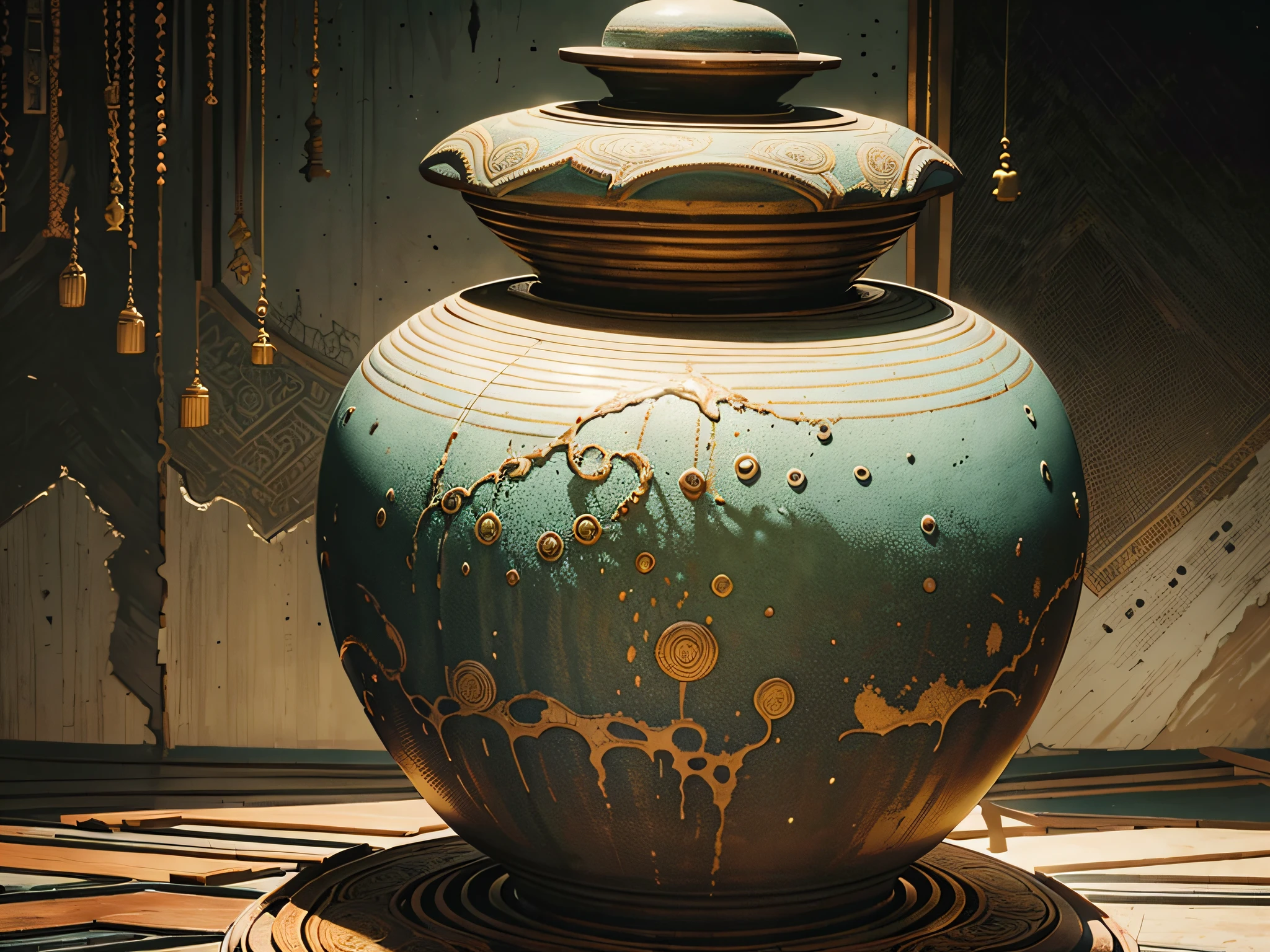 inside the temple, enshrines a large pottery jar, creating a terrifying atmosphere, Masterpiece