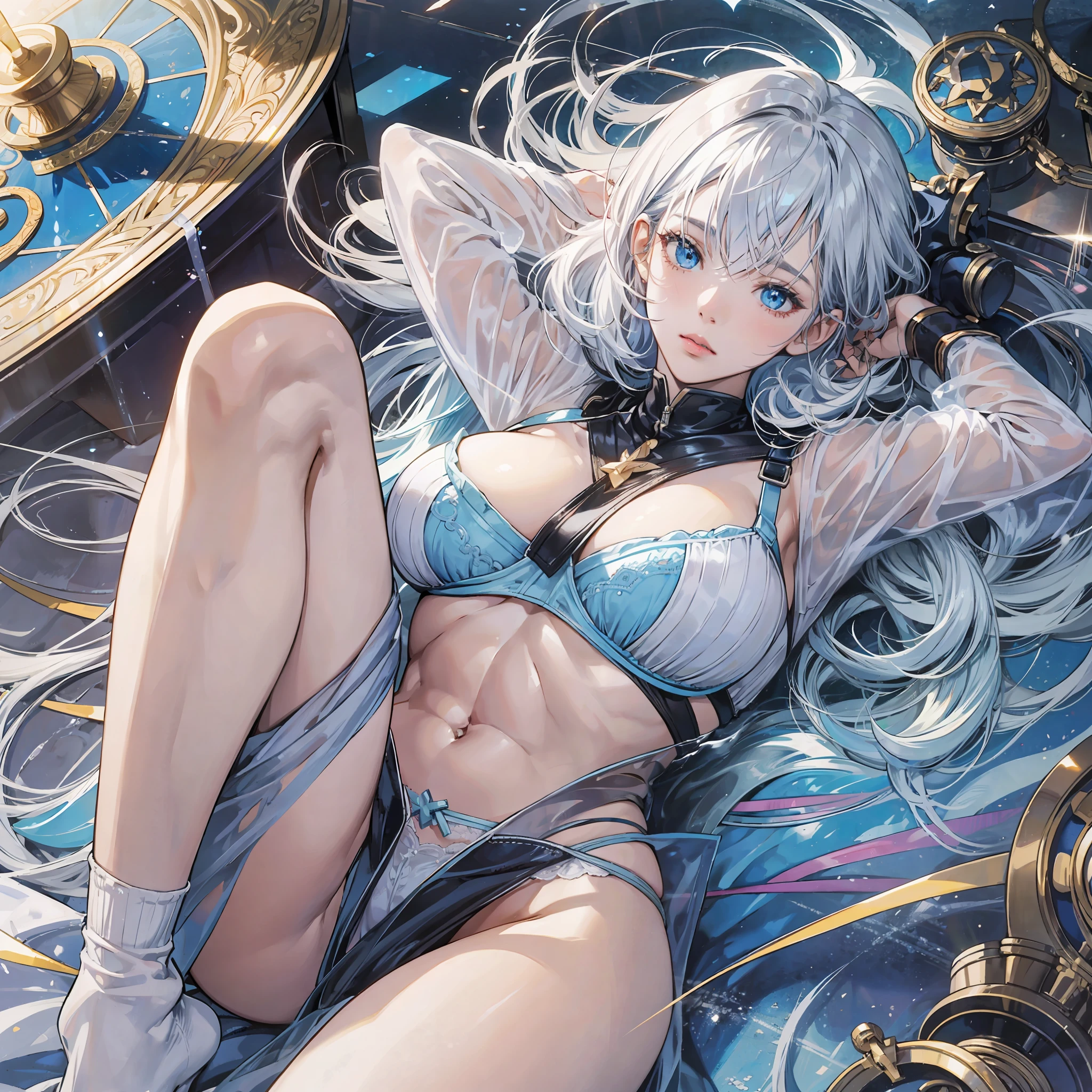 From above, lying on your back, arms raised, legs wide open, cute beautiful cool woman, troubled look, anime, manga, illustration, fantasy, light blue sexy bra and panties, black knee-high socks, white silver shiny flowing layered long bob cut, shiny blue big eyes, shiny red lips, huge breasts, abs, amazing proportions, Full body, vivid golden and iridescent magic circle in background, high resolution, top quality, super high quality, super detail, ultra realistic