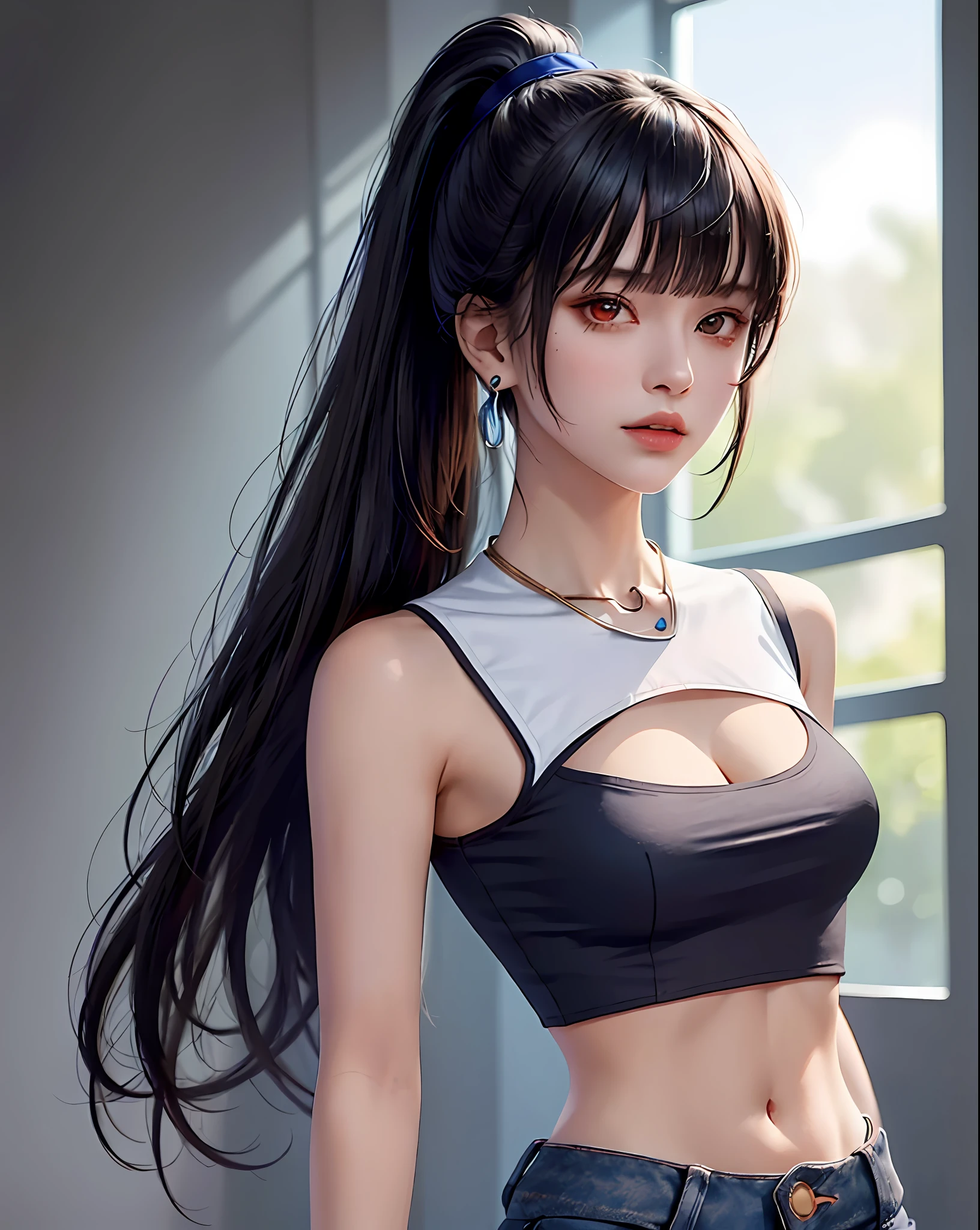 (Masterpiece, Best Quality, 1 Girl, Solo, Intricate Details, Chromatic Aberration), (Reality), (Skin), 1 Girl Shizuku High Ponytail, ((Middle Breath)), (Brunet, Blunt Bangs), Detailed Hair, Red Headjewelry, Blue Highlight, Hair More Than One Eye, Red Eye, Small Earrings, Sharp Eyes, Necklace, ((Black Crop Top Cutout)), Jeans, (Symmetrical Eyes), (Perfectly Symmetrical Body), Night, ((Natural Light))), Backlight, against gray walls, dim light, standing, (Looking at the viewer), ((Center shot, from the front, (face and waist) pronounced chest line Deep V sexy