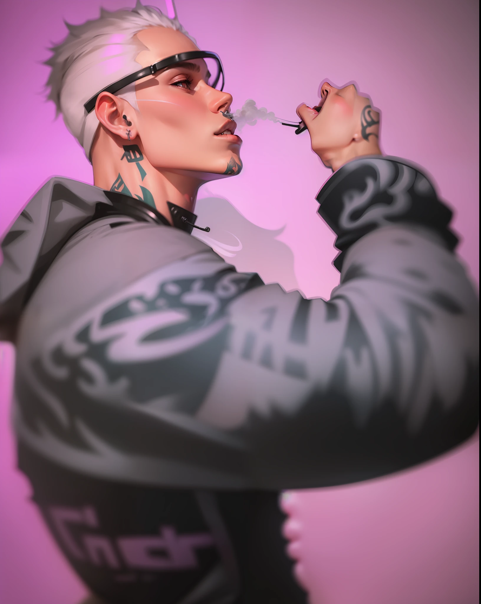 Traper hair, fair skin, neck tattoo. (Smoke coming out of the mouth) futuristic neon effect