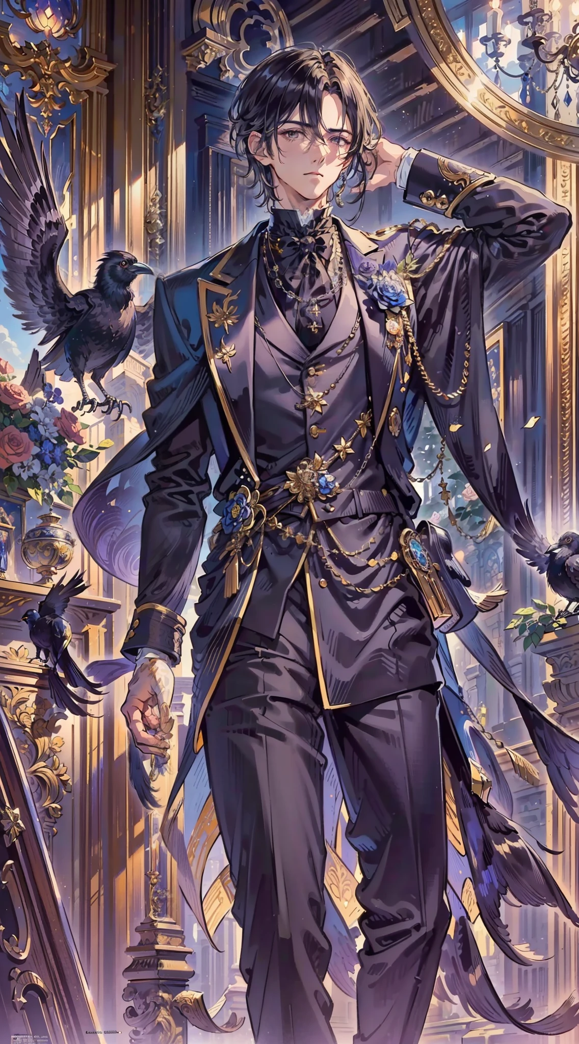 Young man, man, male, super detailed, very detailed, best quality, masterpiece, illustration, an extremely exquisite beautiful, very detailed, CG, solidarity, 8K wallpaper, amazing, fine details, masterpiece, best quality, official art, extremely detailed CGUnity8K wallpaper, boy, crow, gentleman