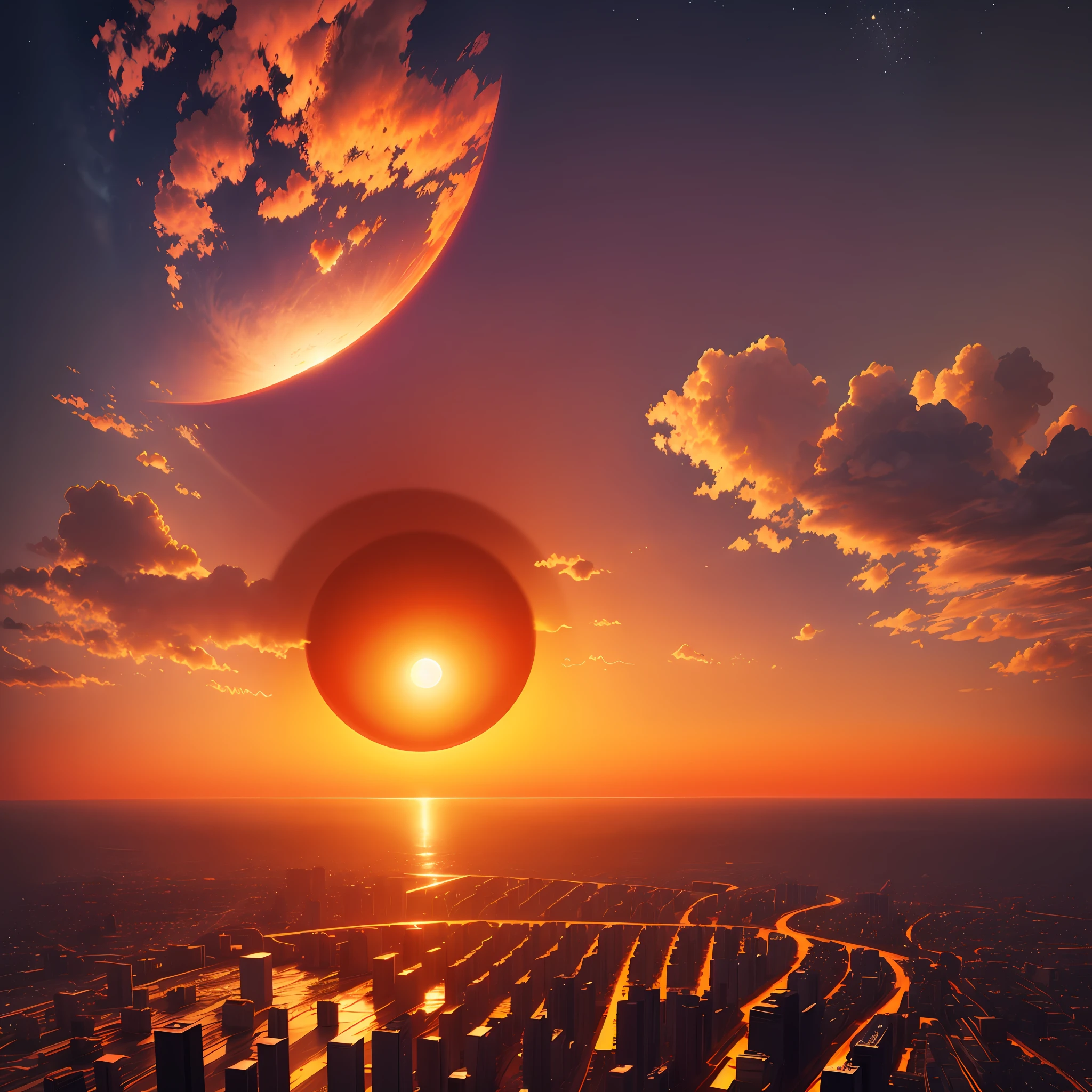A round of sunset, huge sun, red, golden, hanging in the air, radiant, real, beautiful, spectacular. The magnificent panorama is presented in 3D rendering, and as opposed to the setting sun, is the quiet sky --auto --s2