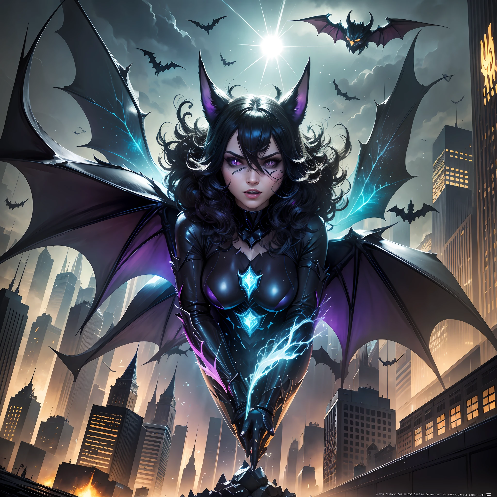 Gotham city, bat signal, Crystal and Energy and Light themed, epic splash art , plasticien, , abstract --auto --s2