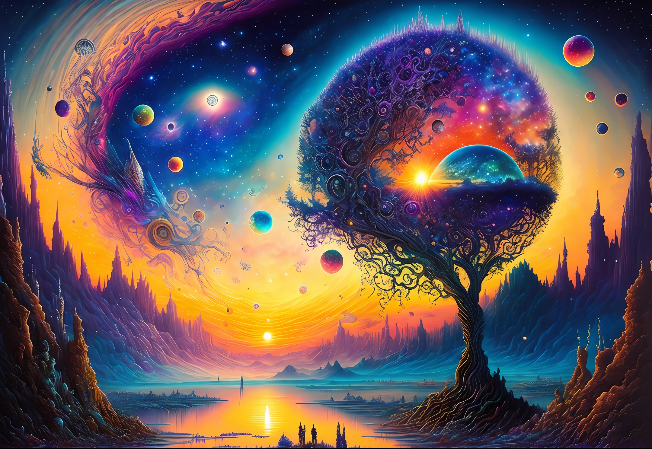 painting of a painting of a sunset in the Galaxy with a lot of bubbles, highly detailed visionary art, visionary art, science fantasy painting, painting of a dreamscape, deepdream cosmic, hyper detailed visionary art, hyper - detailed visionary art, psytrance artwork, detailed dreamscape, fractal dreamscape, daniel merriam :.1, by Amanda Sage, alex gray (oceanicrealms:1)