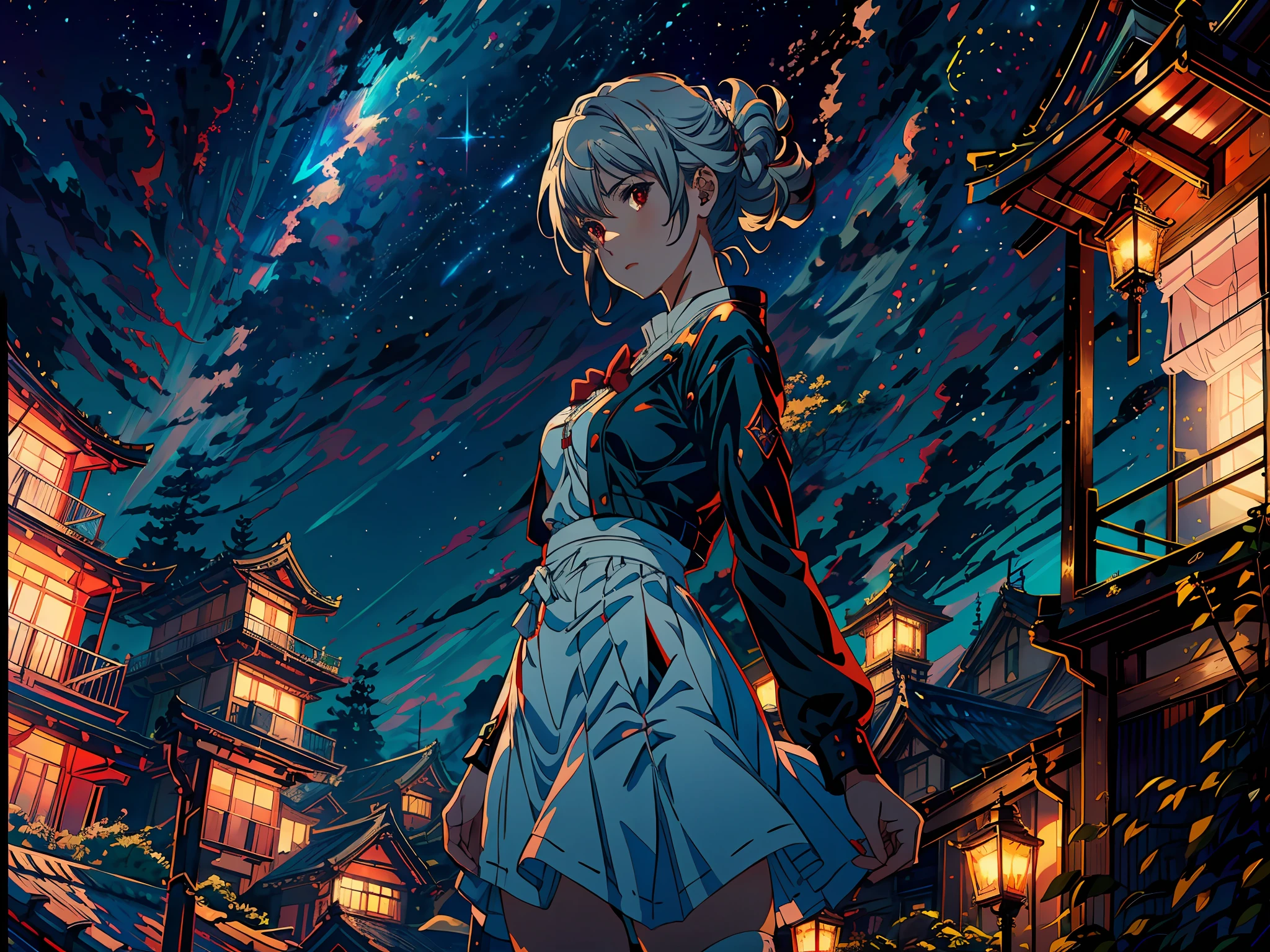 miniskirt, white bandeau, big breasts, stockings, realistic,, pleated skirt, white long hair, red pupils, white panties, black over-the-knee socks, black thighs, straight hair, red eyes, real life, Beautiful cute girl standing on the roof looking at the sky, detailed city below with lanterns, very detailed Greg Rutkowski Makoto Shinkai Makoto Kyoto Animation Key Art Women Medium Shot, Laurie Graceley's Style, Studio Ghibli, Akira Toriyama, James Gilead, Genshin Shock, Trending Pixiv Fan Box, Acrylic Palette Knife, 4k, Bright Colors, Devinart, Popular on ArtStation, Octane Rendering, Bioluminescence, 8K Resolution Concept Art, Realism, Made by Mappa Studio, Masterpiece, Best Quality, Official Art, Illustration, Ligne Claire, (cool_color), Perfect Composition, Absurdity, Fantasy, Focus, Night, Starry Night, New Moon, Shooting Star, Star --auto --s2