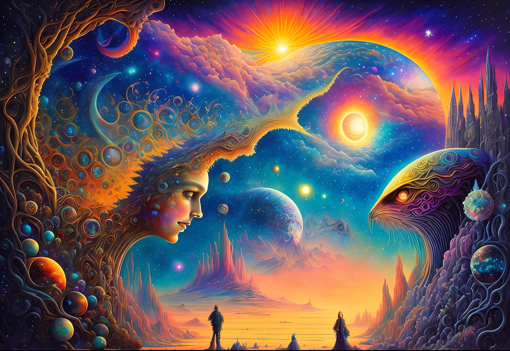 painting of a painting of a sunset in the Galaxy with a lot of bubbles, highly detailed visionary art, visionary art, science fantasy painting, painting of a dreamscape, deepdream cosmic, hyper detailed visionary art, hyper - detailed visionary art, psytrance artwork, detailed dreamscape, fractal dreamscape, daniel merriam :.1, by Amanda Sage, alex gray (oceanicrealms:1)