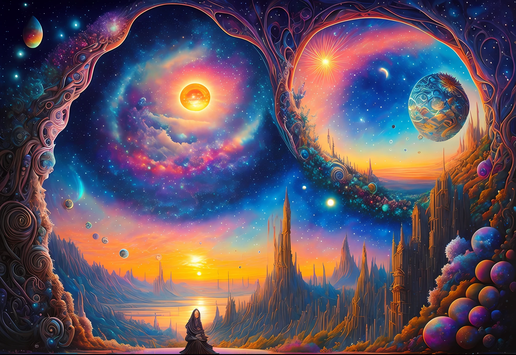 painting of a painting of a sunset in the Galaxy with a lot of bubbles, highly detailed visionary art, visionary art, science fantasy painting, painting of a dreamscape, deepdream cosmic, hyper detailed visionary art, hyper - detailed visionary art, psytrance artwork, detailed dreamscape, fractal dreamscape, daniel merriam :.1, by Amanda Sage, alex gray (oceanicrealms:1)