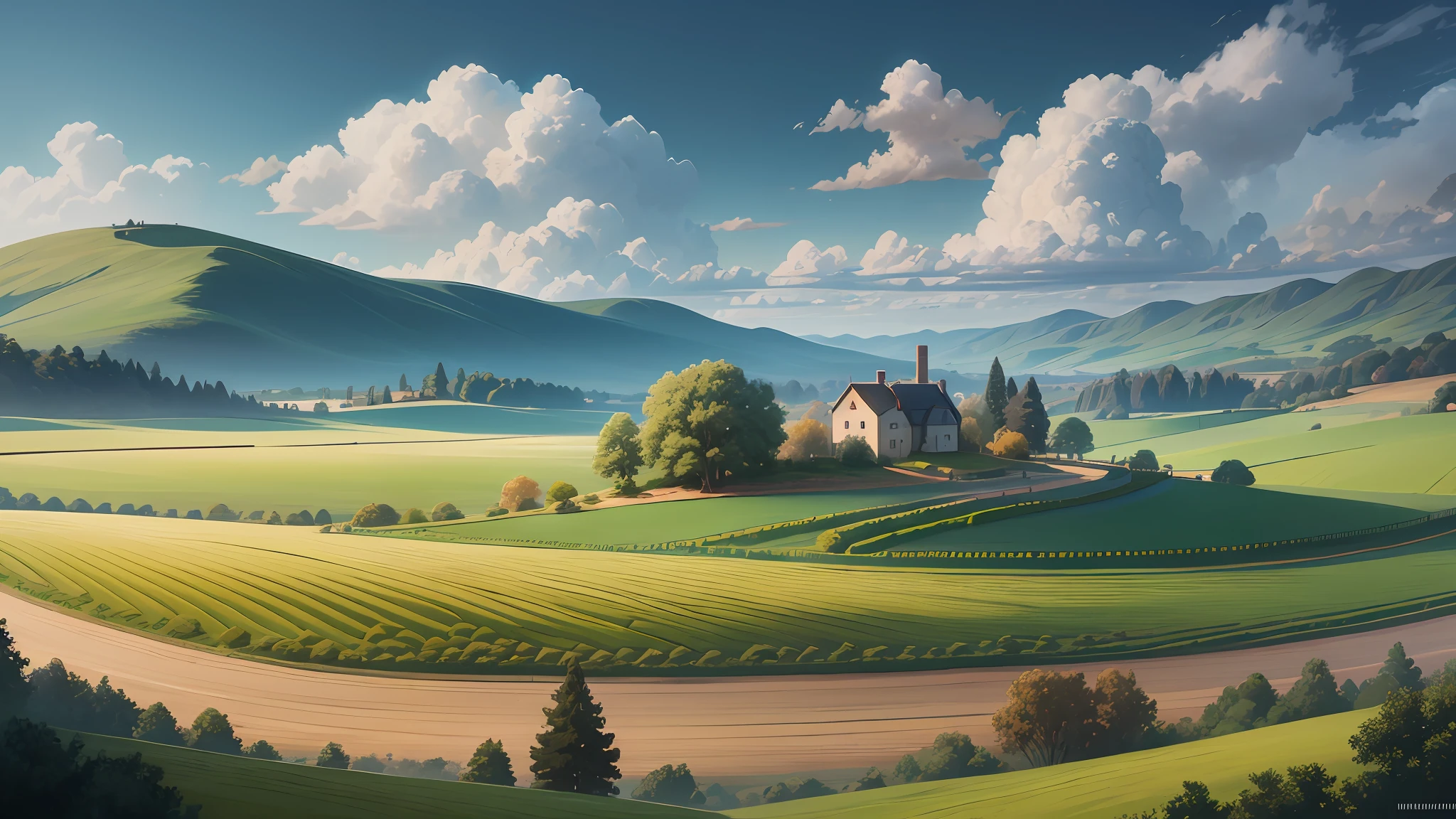 Description: Create a serene countryside landscape blending the techniques of matte painting and impressionism. Paint a picturesque countryside scene with rolling hills, a small village nestled in the distance, and a tranquil river winding through the fields. Use soft brushstrokes and muted colors to achieve an impressionistic effect, while incorporating intricate details and textures with matte painting techniques. --auto --s2