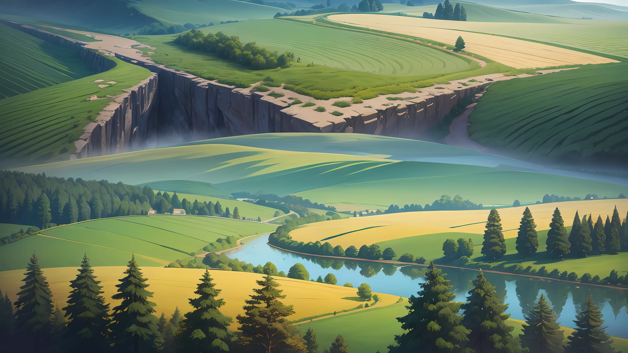 Description: Create a serene countryside landscape blending the techniques of matte painting and impressionism. Paint a picturesque countryside scene with rolling hills, a small village nestled in the distance, and a tranquil river winding through the fields. Use soft brushstrokes and muted colors to achieve an impressionistic effect, while incorporating intricate details and textures with matte painting techniques. --auto --s2