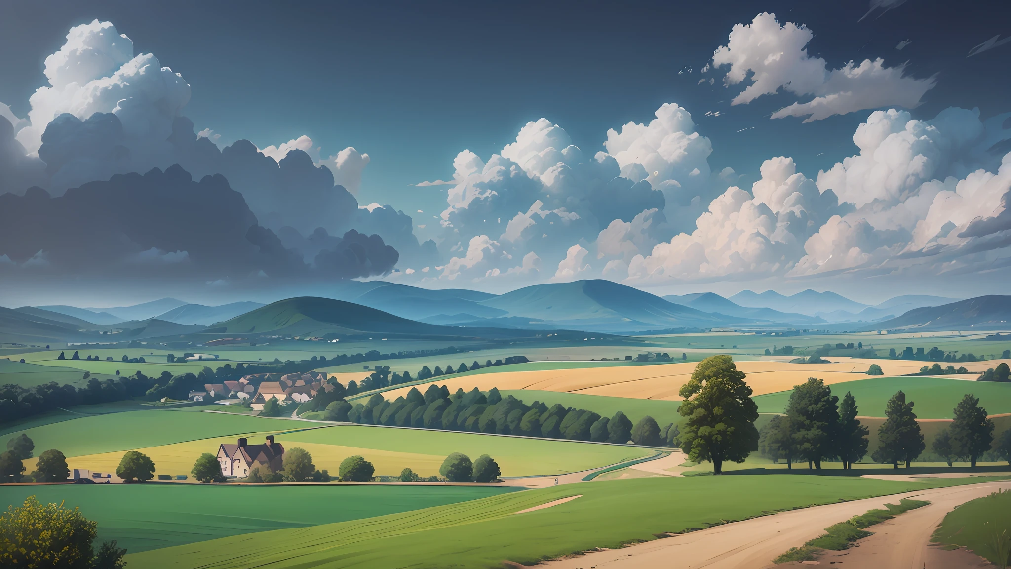 Description: Create a serene countryside landscape blending the techniques of matte painting and impressionism. Paint a picturesque countryside scene with rolling hills, a small village nestled in the distance, and a tranquil river winding through the fields. Use soft brushstrokes and muted colors to achieve an impressionistic effect, while incorporating intricate details and textures with matte painting techniques. --auto --s2