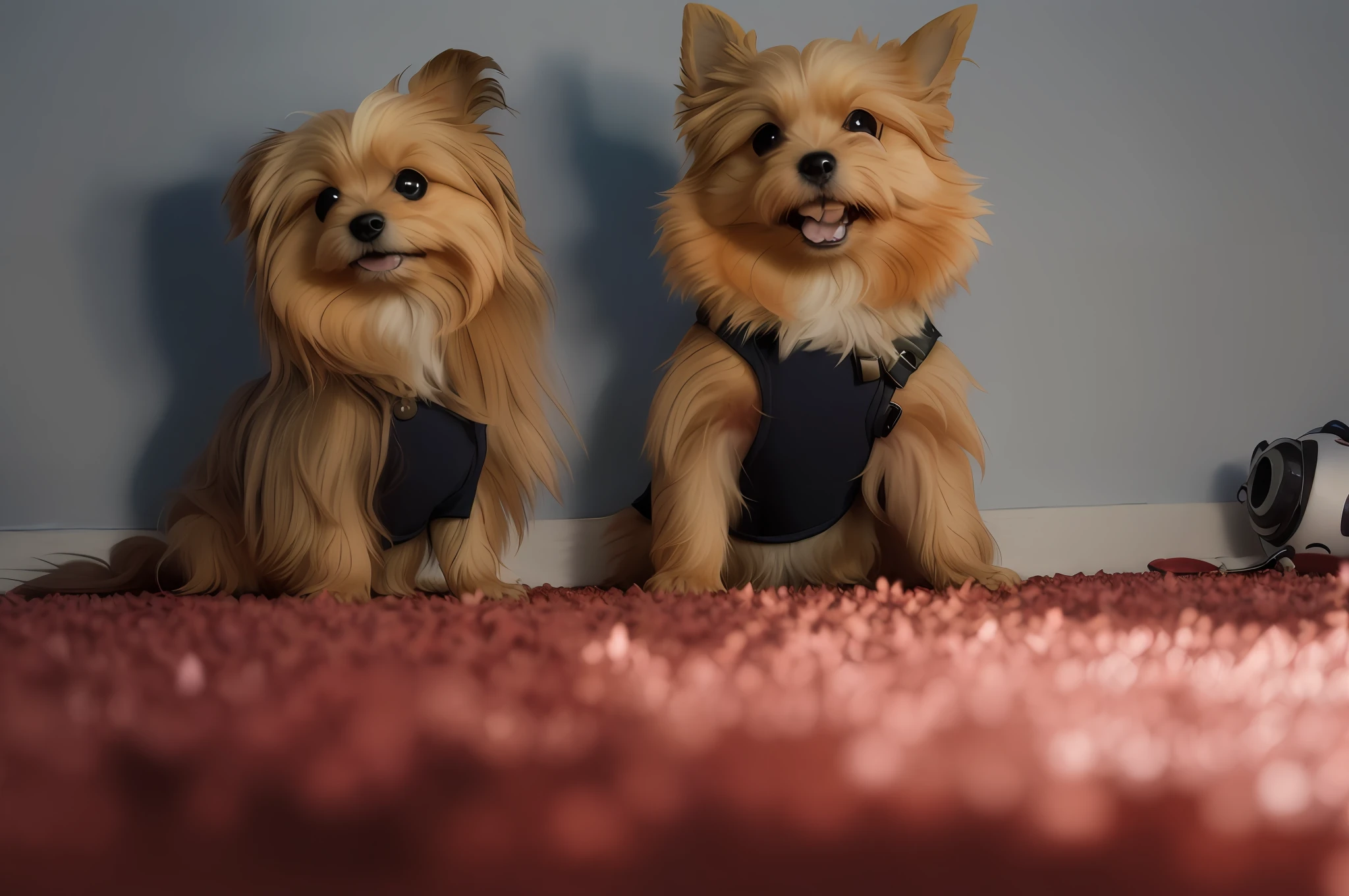 (anime style cartoon) Two small dogs sitting on a floor with cherry blossoms, two dogs, both smiling for the camera, two friends sitting in a room, hands in pockets, red puppies, posing for the camera, Mungojerrie and Rumpleteazer, dogs, with hands in pockets, Yorkshire Terrier, aw, Pomeranian mix, adult pair of twins, 📷 with trees in the background