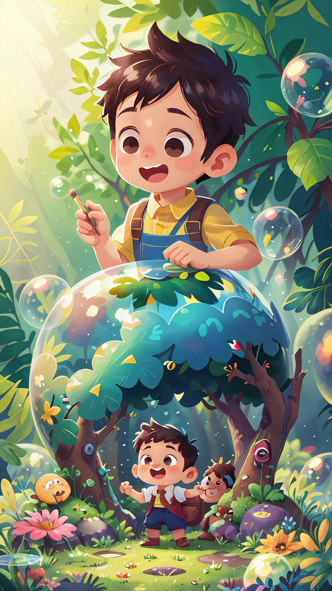 A boy, botanical garden, many bubbles, happy, happy, perfect quality, clear focus (clutter - home: 0.8), (masterpiece: 1.2) (Realistic: 1.2) (Bokeh) (Best quality) (Detailed skin: 1.3) (Intricate details) (8K) (Detail eyes) (Sharp focus), (Happy)