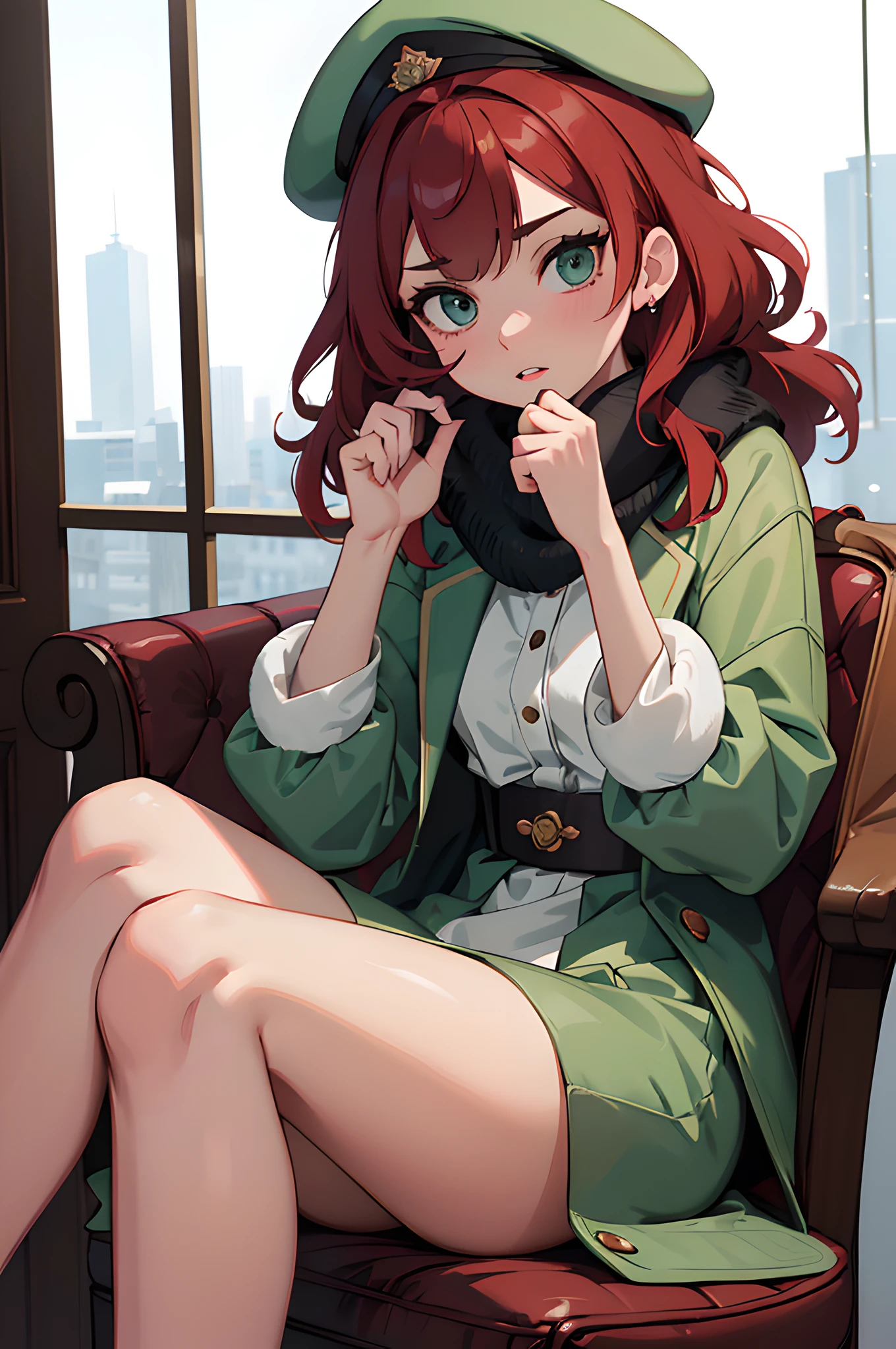 (masterpiece), (portrait), (aesthetic), (beautiful), (upper blody), (high quality), (aesthetic clothings), (professional angle), (rule of thirds), (Feminine), (woman), (female), (beautiful),(feminine features), (25 years), solo, 1 woman, (attractive Russian), Winter, Cold light, (Sitting), Bold Makeup, (Medium bust), (()), (Side face), (Serious expression), ((Elegant Mood)), Hat, ((Medium hair)), (Red hair), (Wavy hair), (Thick hair), Natural shine hair, (- in hair), (Green eyes), (Sophisticated look), (Fair skin), (Faux Fur clothing), (Coat), (Scarf), (Trousers), Turtleneck neckline), ((Urban background)), (- in background), (Medium Shot shot), beautiful hands, two hands, normal hands, two arms, complete hands, beautiful body, beautiful fingers, normal fingers, five fingers, five fingers, (Thumb index meddle ring little fingers), beautiful ears, normal ears, beautiful eyes, shiny eyes, beautiful mouth, beautiful lips,