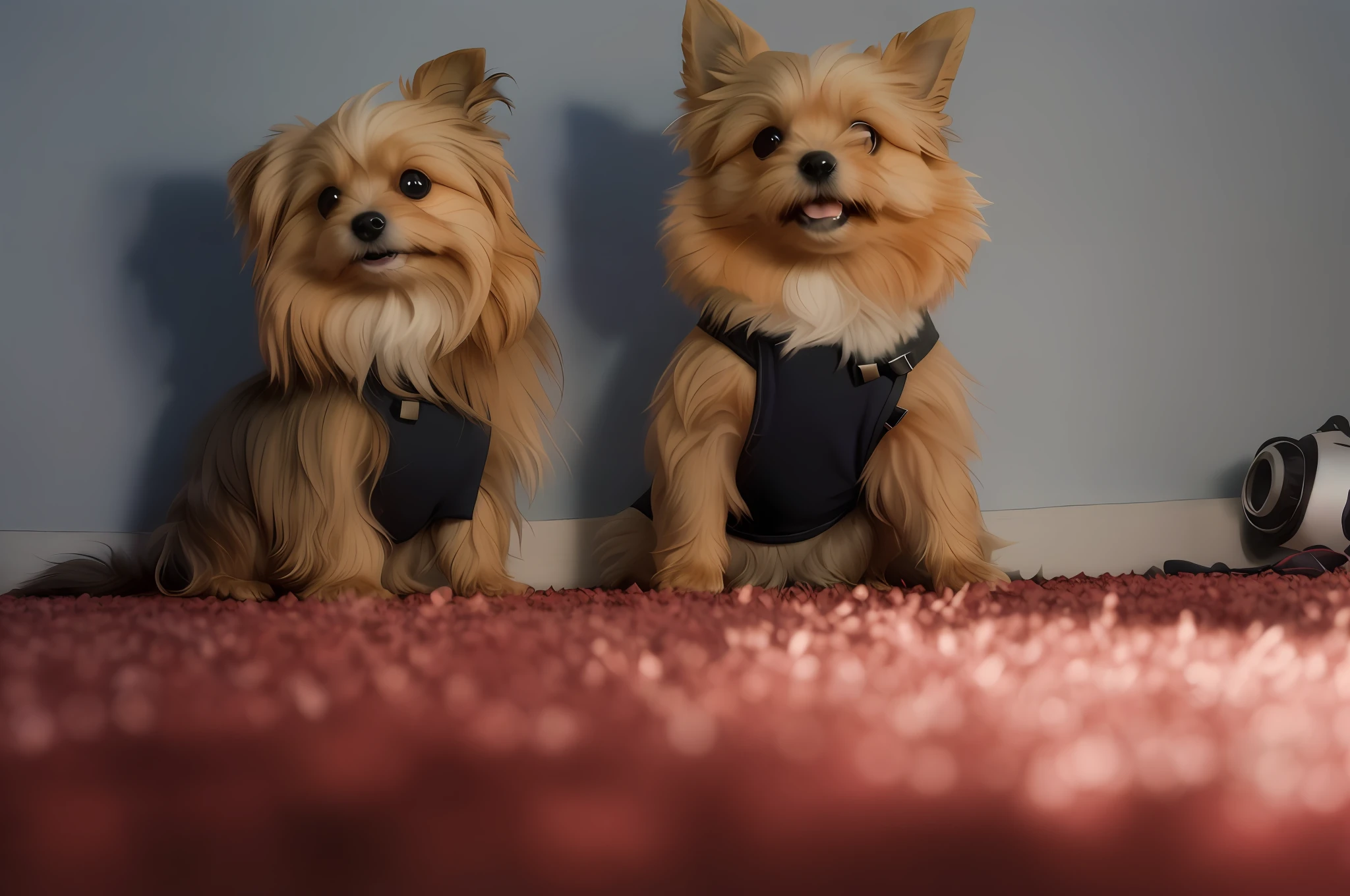 (anime style cartoon) Two small dogs sitting on a floor with cherry blossoms, two dogs, both smiling for the camera, two friends sitting in a room, hands in pockets, red puppies, posing for the camera, Mungojerrie and Rumpleteazer, dogs, with hands in pockets, Yorkshire Terrier, aw, Pomeranian mix, adult pair of twins, 📷 with trees in the background