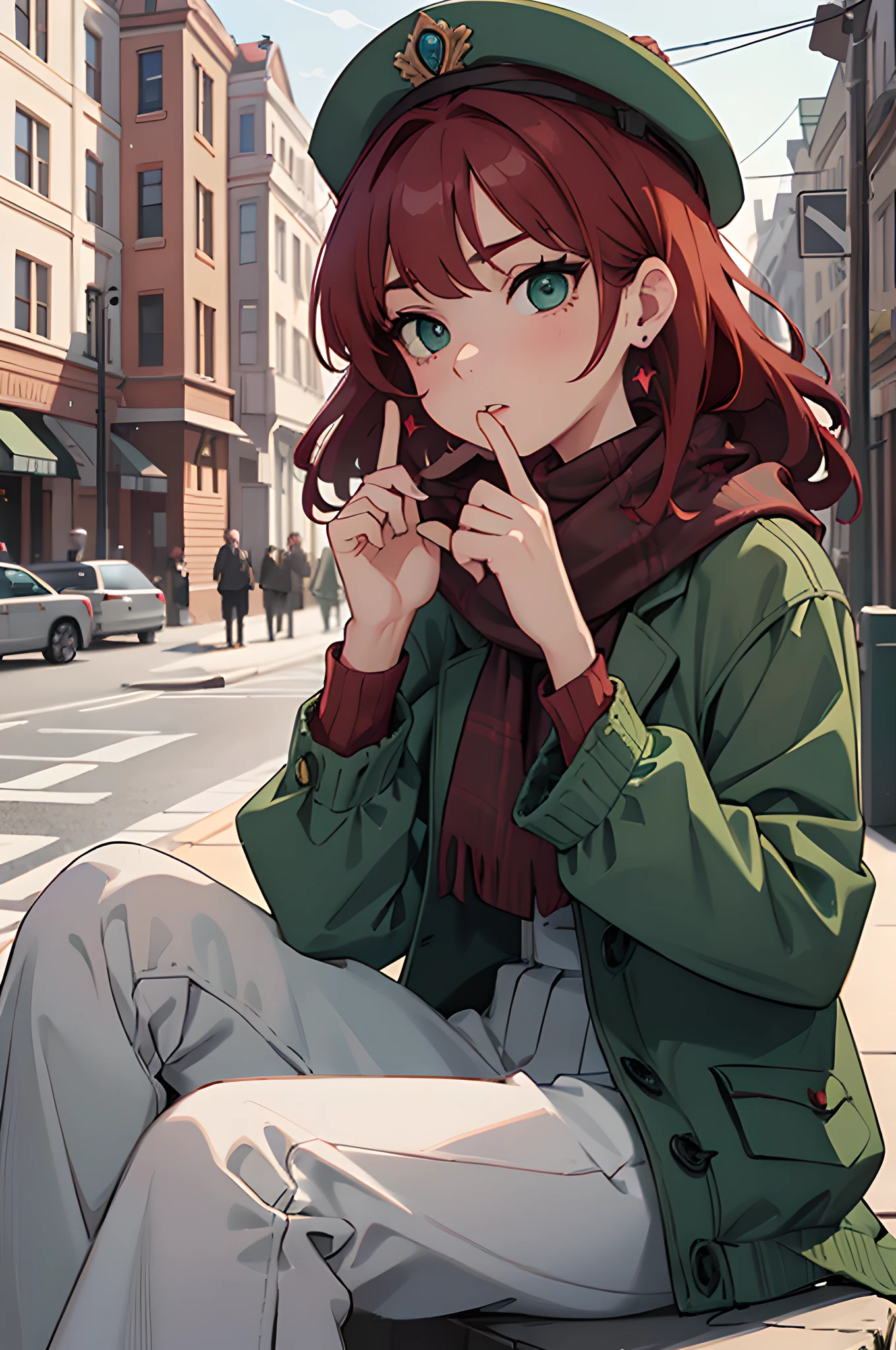 (masterpiece), (portrait), (aesthetic), (beautiful), (upper blody), (high quality), (aesthetic clothings), (professional angle), (rule of thirds), (Feminine), (woman), (female), (beautiful),(feminine features), (25 years), solo, 1 woman, (attractive Russian), Winter, Cold light, (Sitting), Bold Makeup, (Medium bust), (()), (Side face), (Serious expression), ((Elegant Mood)), Hat, ((Medium hair)), (Red hair), (Wavy hair), (Thick hair), Natural shine hair, (- in hair), (Green eyes), (Sophisticated look), (Fair skin), (Faux Fur clothing), (Coat), (Scarf), (Trousers), Turtleneck neckline), ((Urban background)), (- in background), (Medium Shot shot), beautiful hands, two hands, normal hands, two arms, complete hands, beautiful body, beautiful fingers, normal fingers, five fingers, five fingers, (Thumb index meddle ring little fingers), beautiful ears, normal ears, beautiful eyes, shiny eyes, beautiful mouth, beautiful lips,