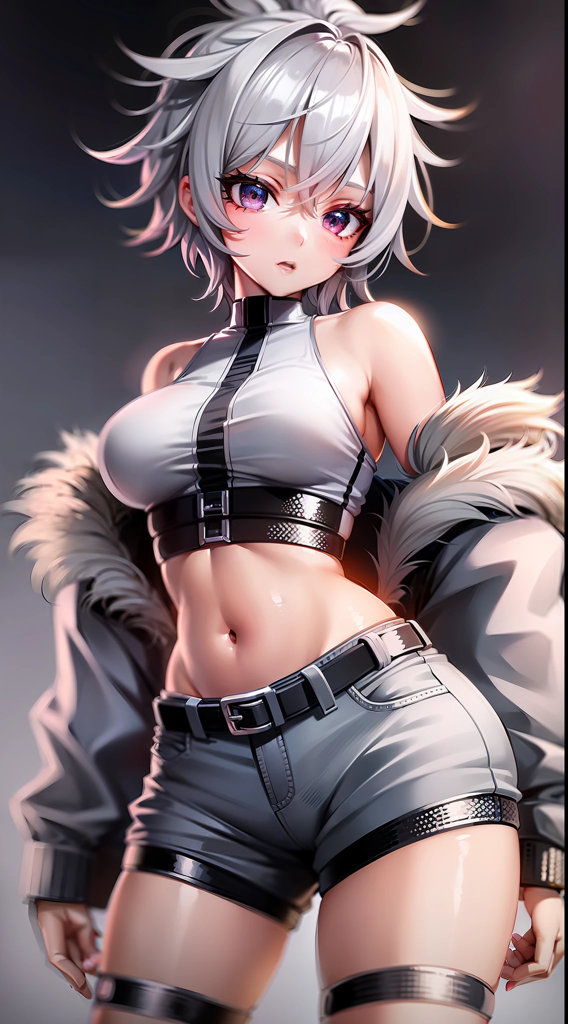 Young girl, short gray hair, gray eyes, high ponytail, cyberpunk, white top, open belly, shorts, furcoat, masterpiece, high quality, SilverWolf