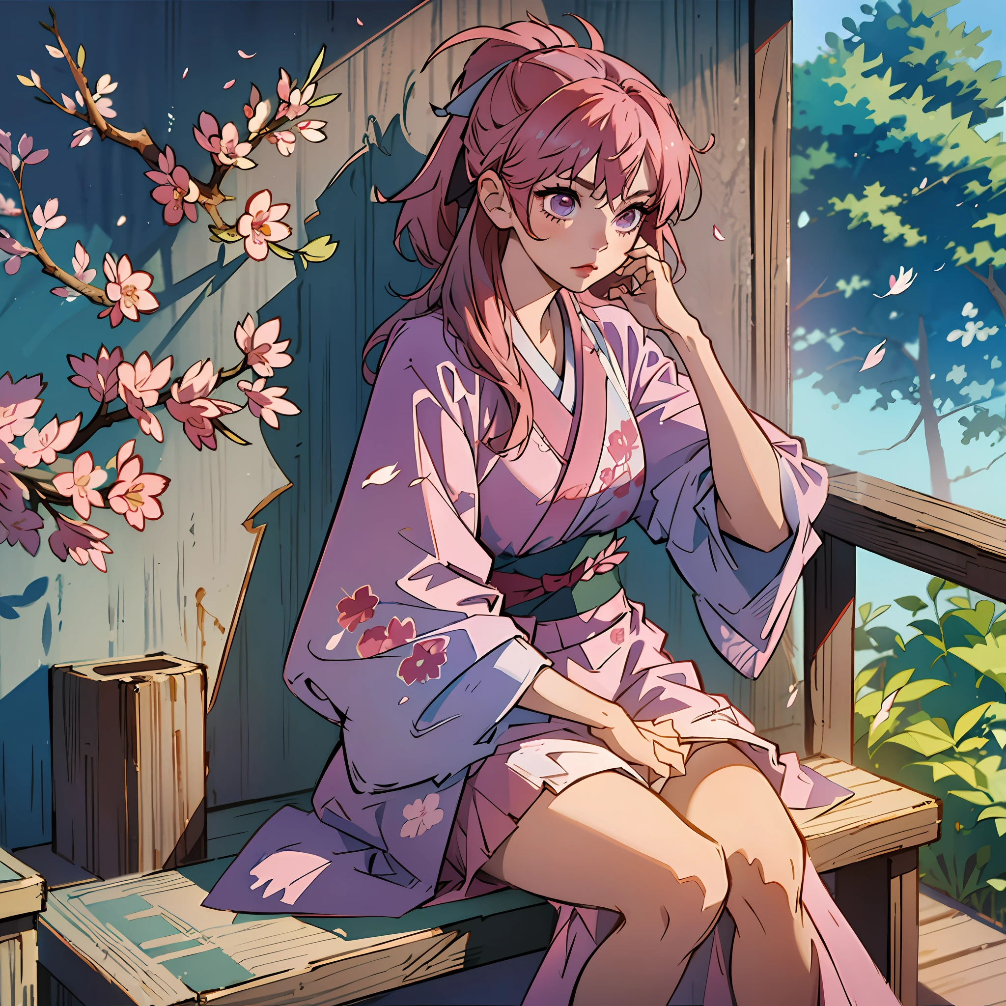 1girl, messy pink hair, Sakura kimono, sword, cute, Sakura petals --auto --s2