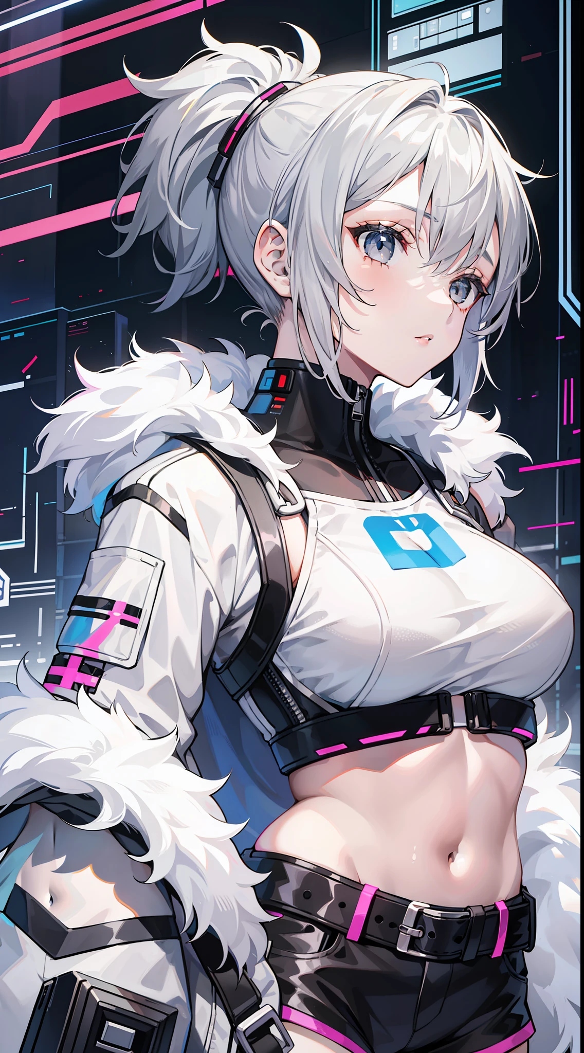 Young girl, short gray hair, gray eyes, high ponytail, cyberpunk, white top, open belly, shorts, furcoat, masterpiece, high quality, SilverWolf