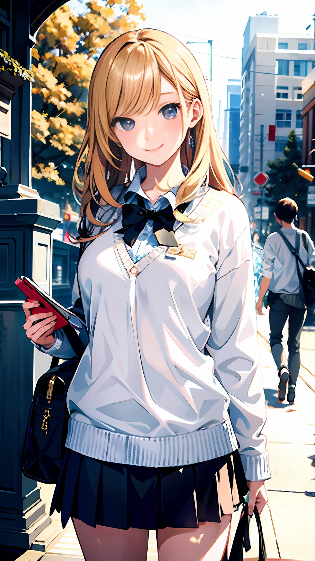 Masterpiece, best quality, best quality, amazing, beautiful details eyes, girl, fine details, depth of field, extremely detailed CG unified 8k wallpaper, white t-shirt, knitted sweater cardigan, pleated skirt, school, university gate, perfect light, smile