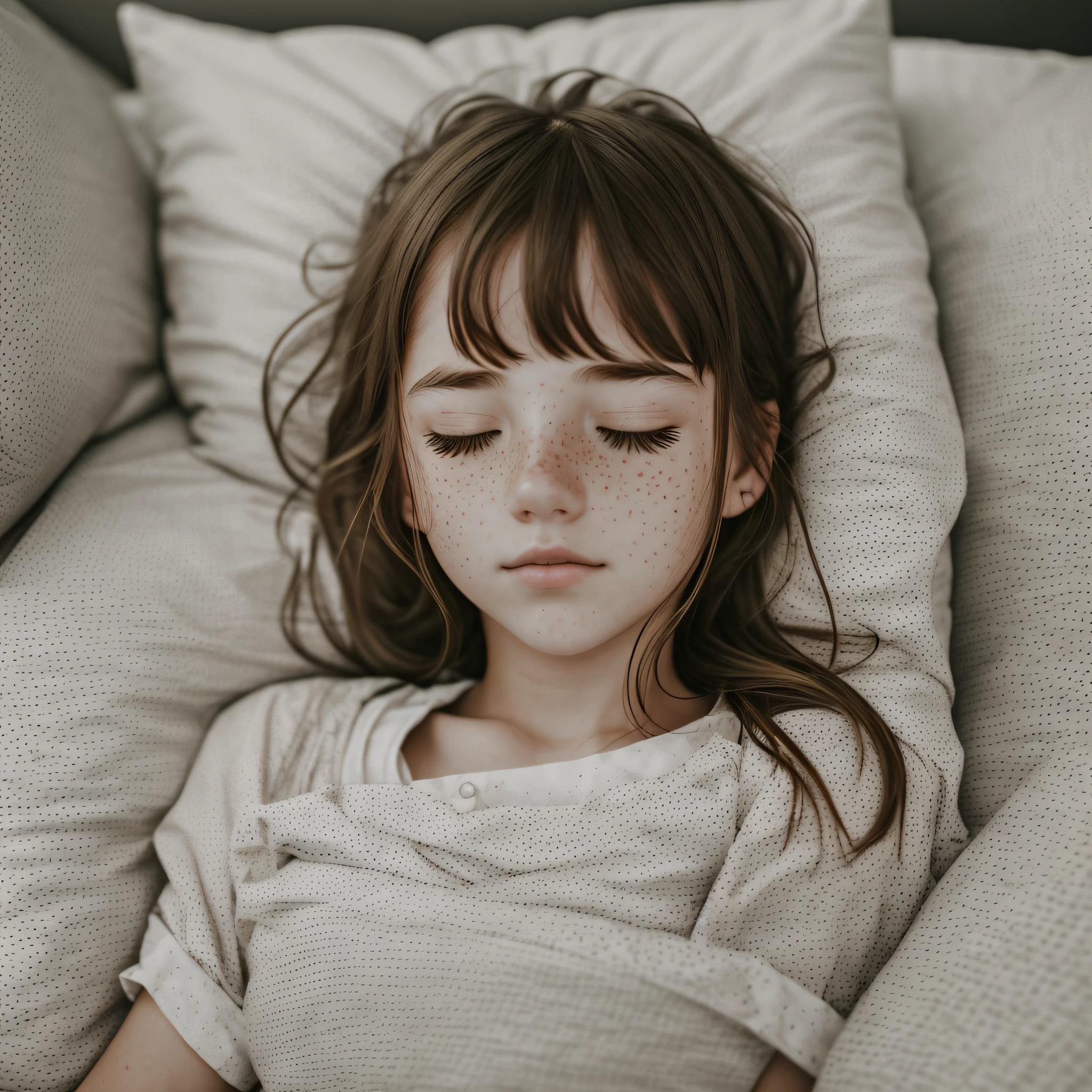 Girl alone, cute, sleeping, eyes closed, (freckles: 0.2), lying in bed, head on pillow, bedroom, delicate background, indoors, adopted, (photoreality retention tech: 1.4), (darkness, deep shadows, low key: 1:1) --auto --s2