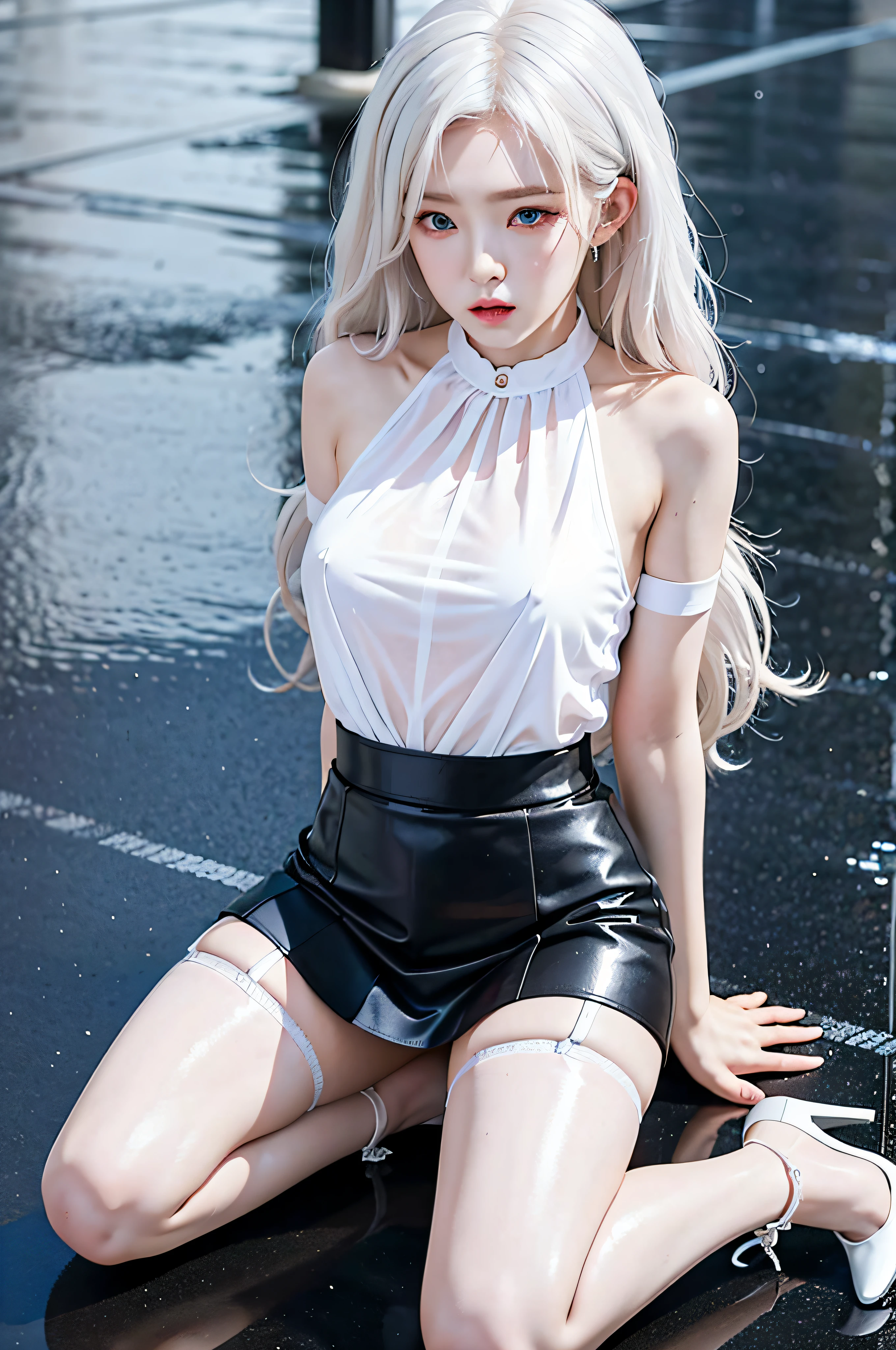 1 girl, anime style, kneeling, transparent suspender stockings, leg straps, short skirt, (long white hair), blue eyes, rain-soaked top, rainy day, heartache expression