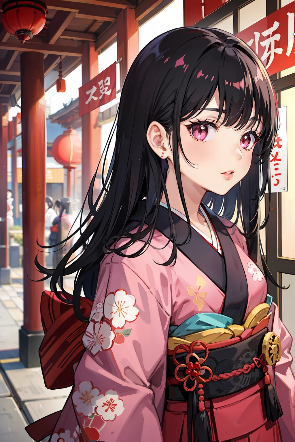 Black hair, pink eyes, red kimono, Japanese style, in Osaka, girl