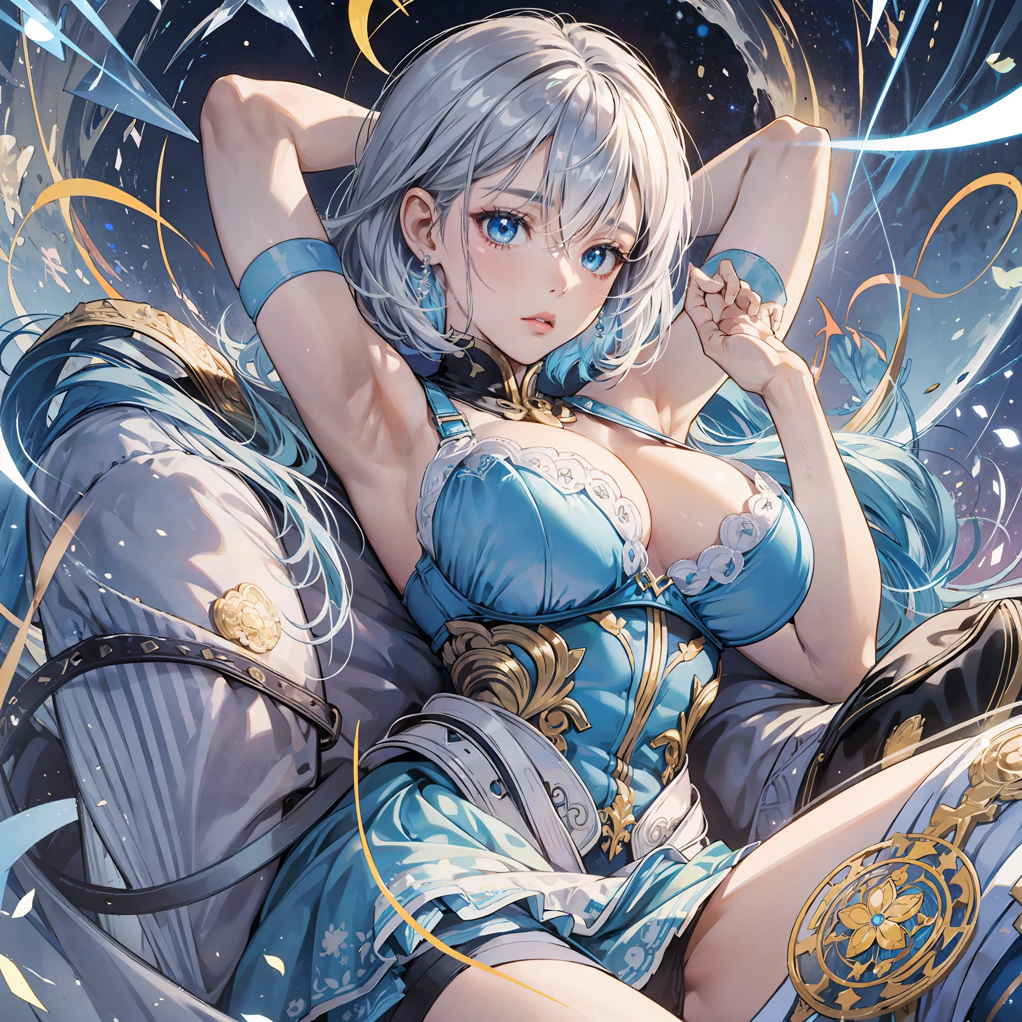 Lying on your back, arms raised, legs wide open, cute beautiful cool woman, troubled expression, anime, manga, illustration, fantasy, light blue sexy bra and panties, black knee high socks, white silver shiny flowing layered long bob cut, shiny shiny blue big eyes, shiny red lips, huge breasts, abs, amazing proportions, whole body, Vivid golden and iridescent magic circles in background, high resolution, highest quality, ultra high quality, super detail, ultra-realistic