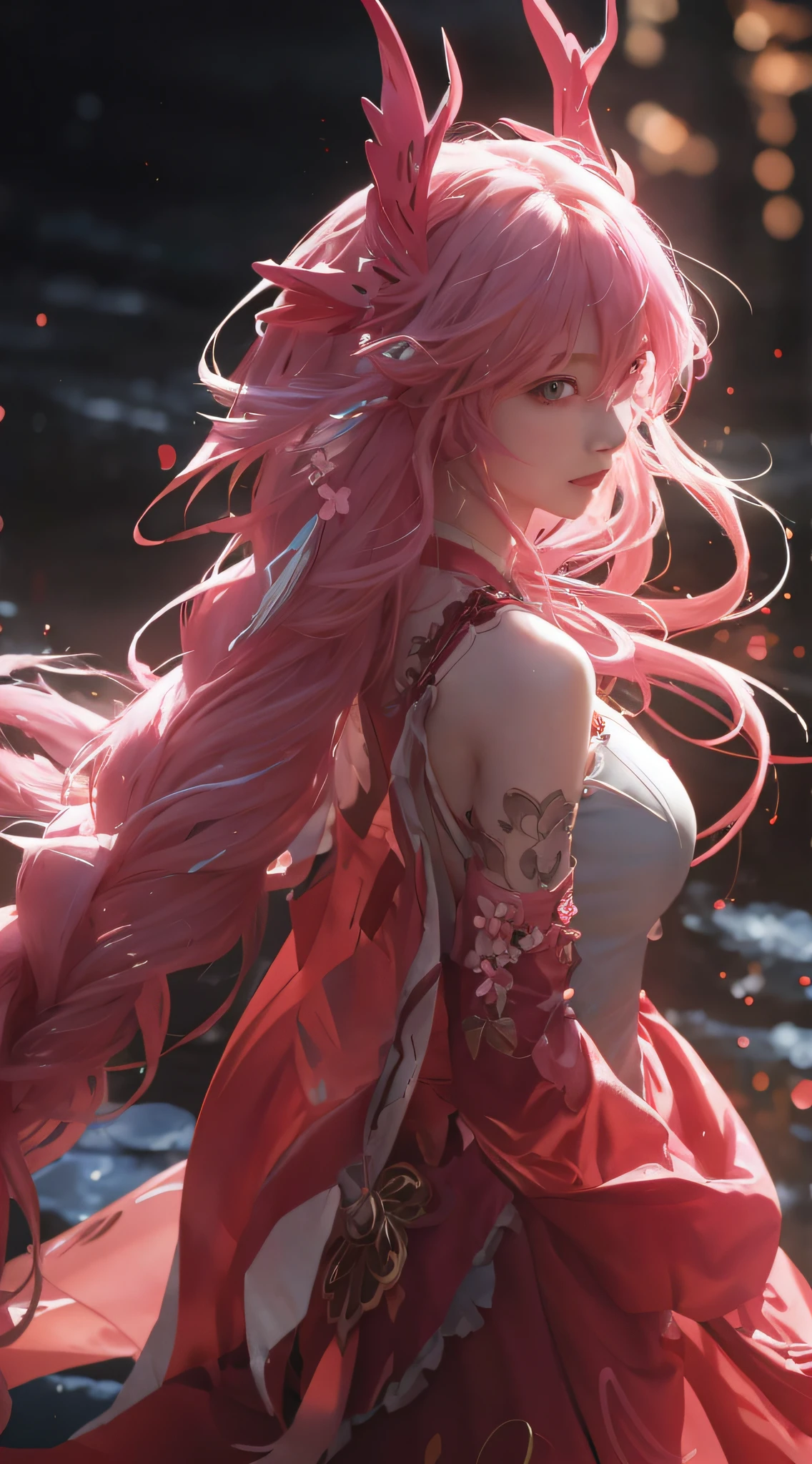 anime girl with pink hair and red dress standing in water, anime art wallpaper 8 k, 8k high quality detailed art, anime art wallpaper 4k, anime art wallpaper 4 k, detailed digital anime art, trending on artstation pixiv, anime wallpaper 4 k, anime wallpaper 4k, anime style 4 k, best anime 4k konachan wallpaper