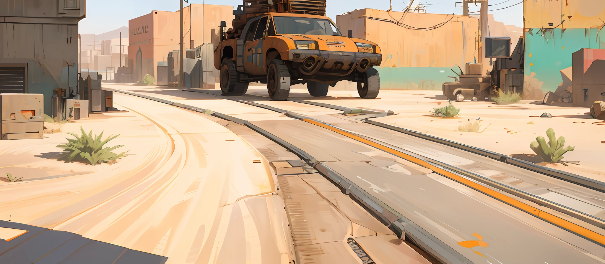 Tech town streets in the desert, cyberpunk, tech ground rusty steel, tech ground rusty steel, broken, town, rich in detail HD
