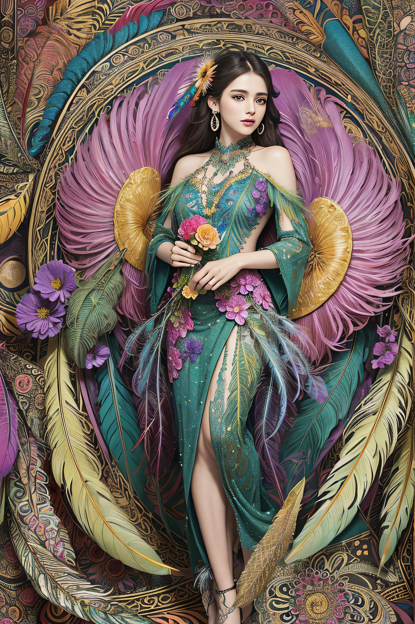 (masterpiece, top quality, best quality, official art, beautiful and aesthetic:1.2), (1girl:1.3), extremely detailed,(fractal art:1.1),(colorful:1.1)(flowers:1.3),highest detailed,(zentangle:1.2), full body, (abstract background:1.3), (shiny skin), (many colors:1.4), ,(earrings), (feathers:1.5),