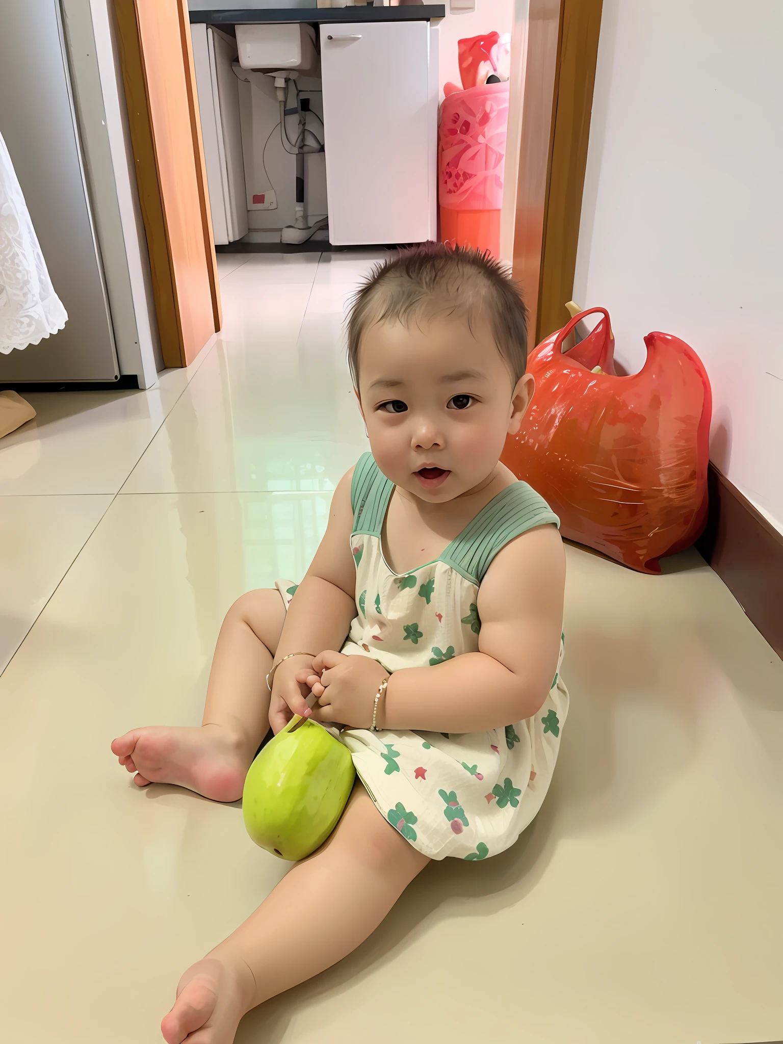 A baby sitting on the ground holding an apple, clear and detailed, playful photography, grasping the moment, highlighting innocence, the lens is closer, gentle and close, warm colors, natural light and shadow, slightly drunk, top-down perspective, eggplant in hand, round face, a thick short black hair, pleasant background, natural scenery, details rendered in place, 8K, 50mm, ISO10.