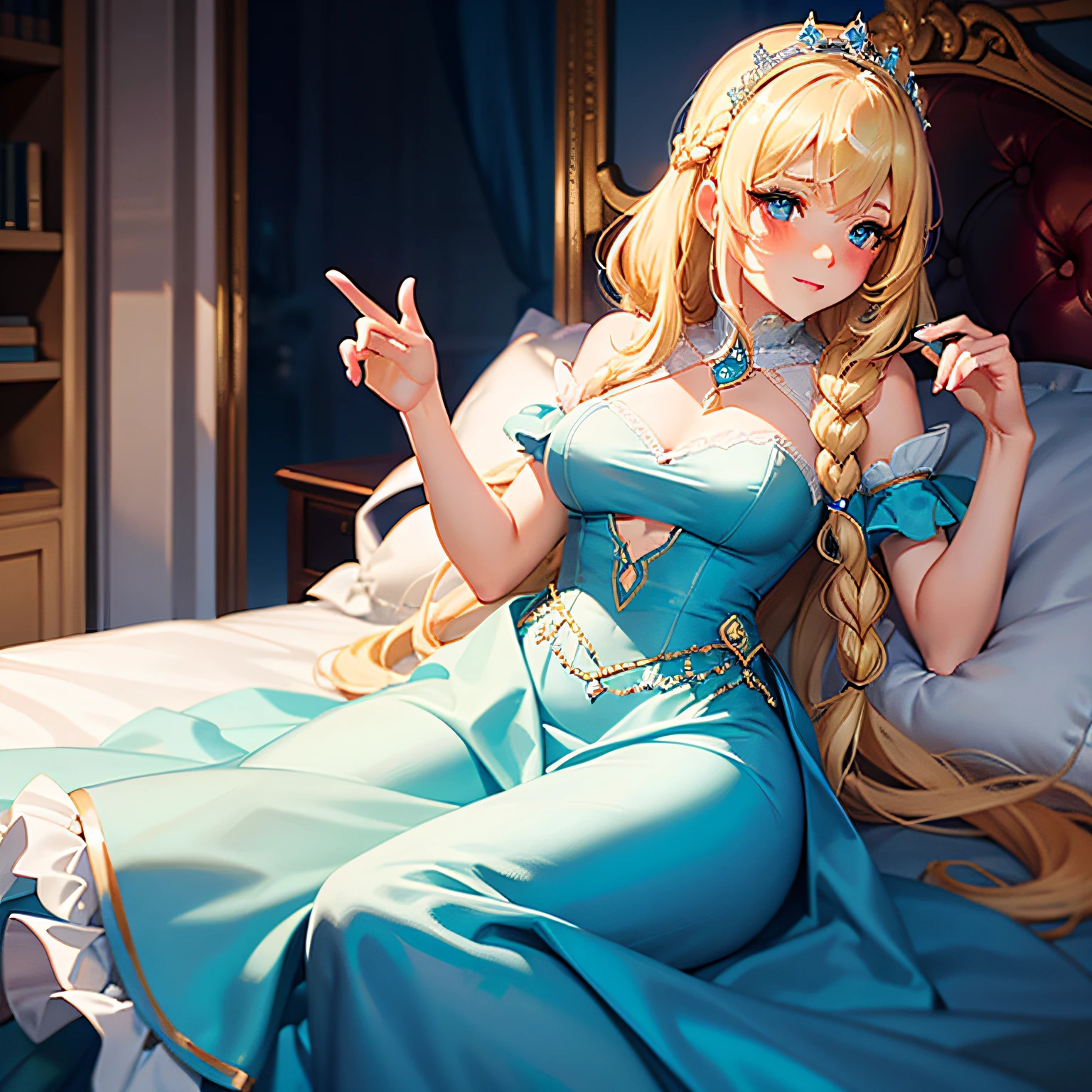 solo focus, a blonde princess with long braided hair and wearing a light blue gown seduces a blushing dark haired maid, finger on lips, mischievous, playful, lesbian, bedroom, palace