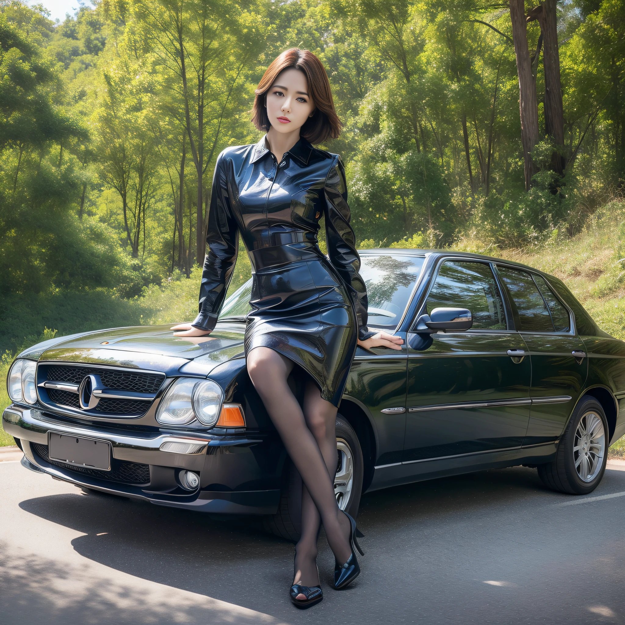 (masterpiece, best quality:1.2), ultra-detailed, woman leaning on car, (realistic:1.5)